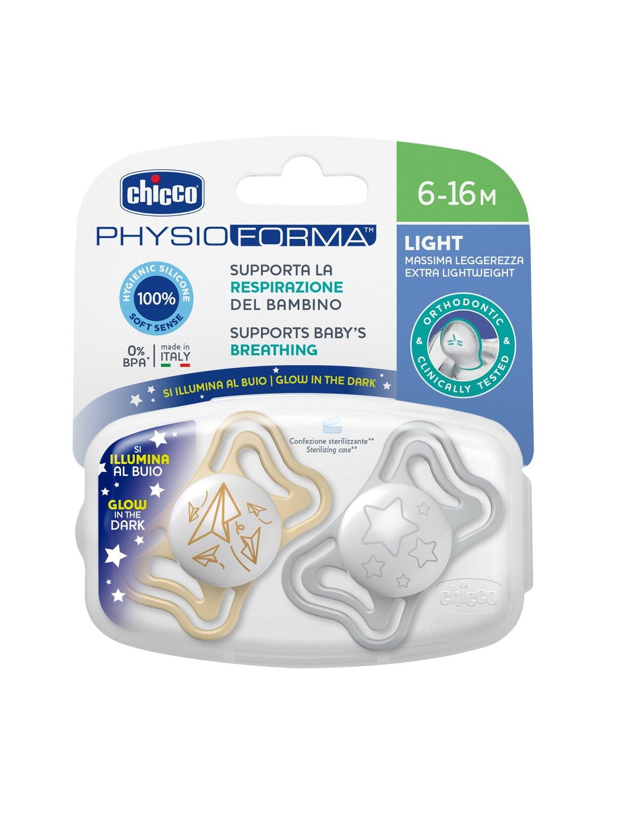 Chicco succhietto physio light lumi sil 6-16m 2 pz - Chicco