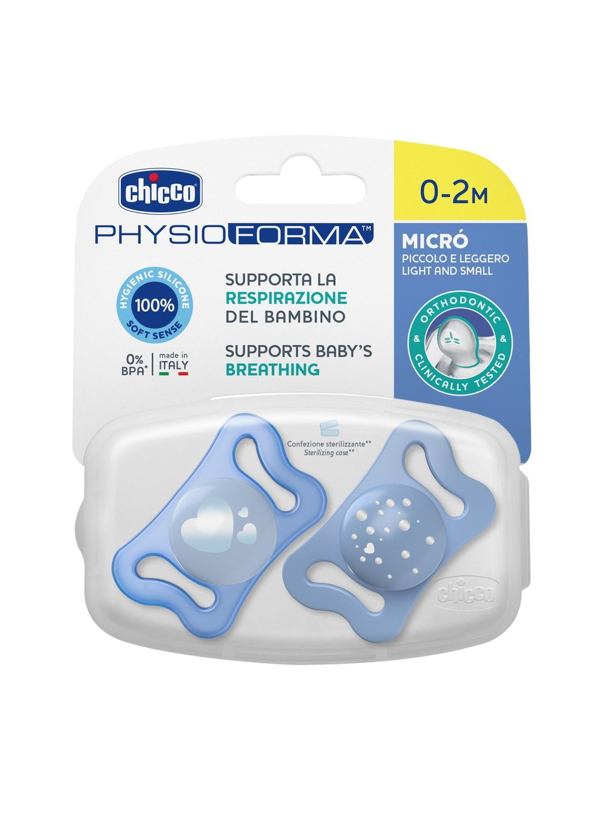 Chicco physioforma micrò blue, silicone, 0-2 mesi, 2 pezzi - Chicco