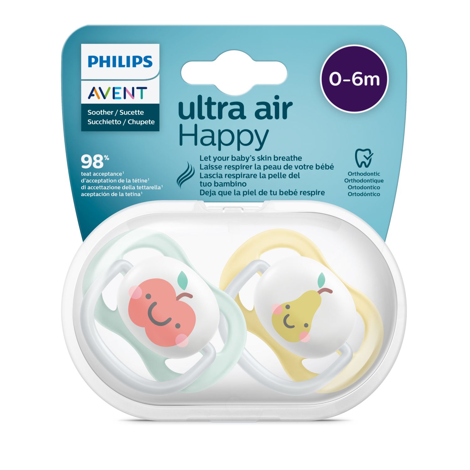 2 ciucci ultra air collection 0-6 mesi decorazione mela/pera - philips avent - Avent