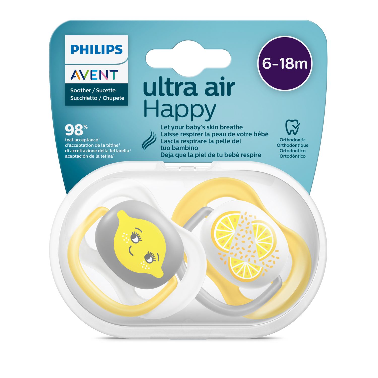 2 ciucci ultra air collection 6-18 mesi decorazione limone/arancia - philips avent - Avent