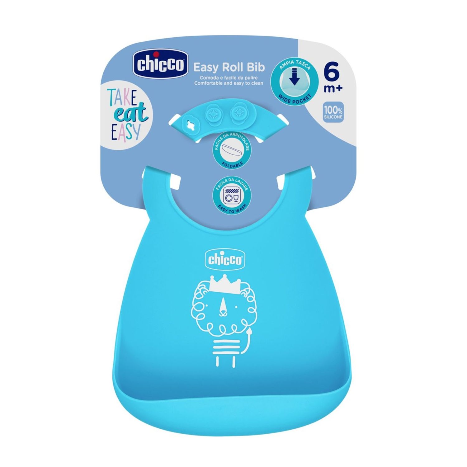 Bavaglino in silicone azzurro 6m+ facile da arrotolare - chicco - Chicco