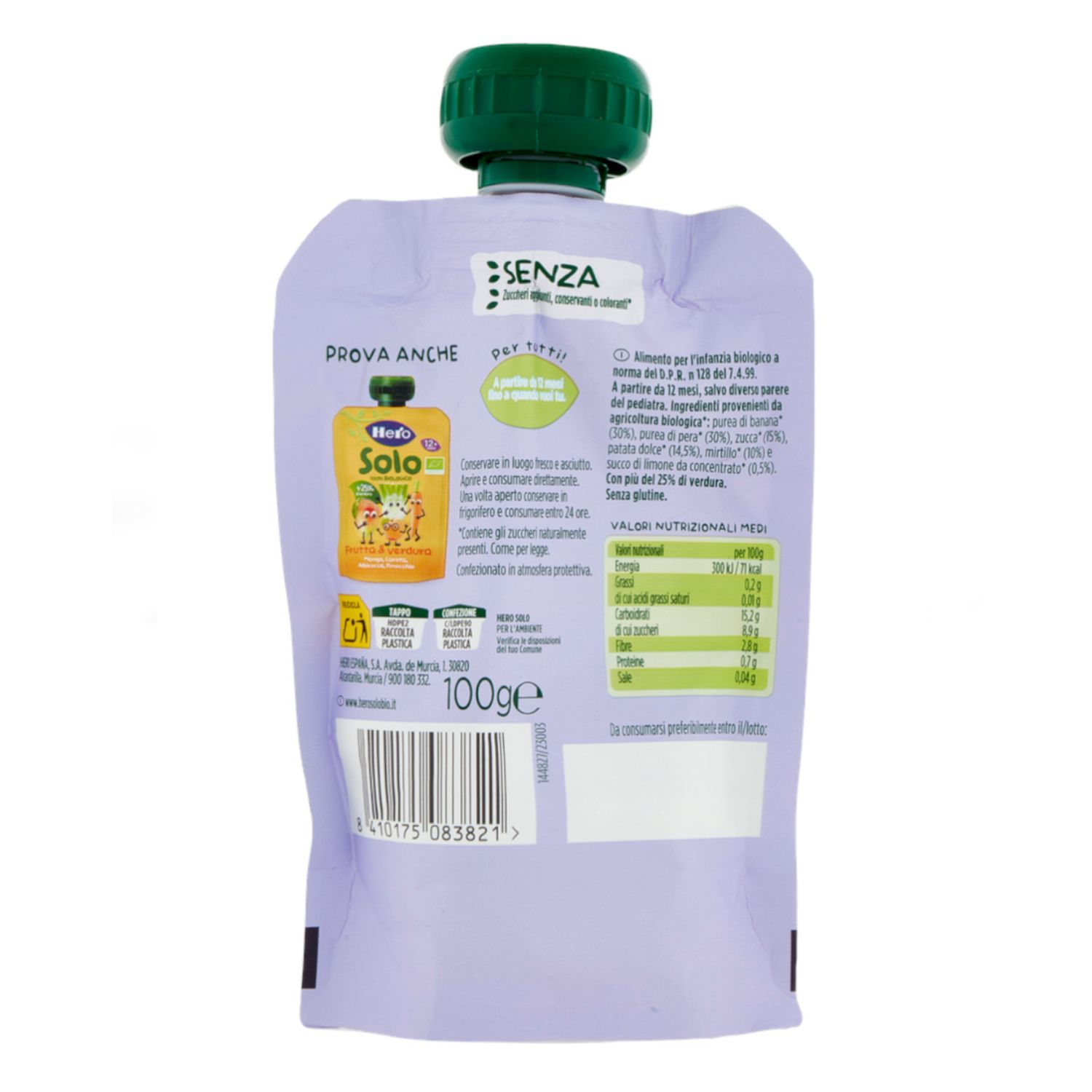 Hero solo pouch pera banana zucca patata dolce e mirtillo 100 gr - Hero