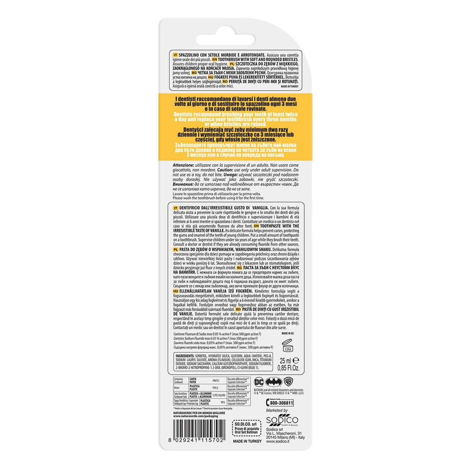 Sodico batman kit oral care (dentifricio vaniglia 25 ml + spazzolino) - Sodico