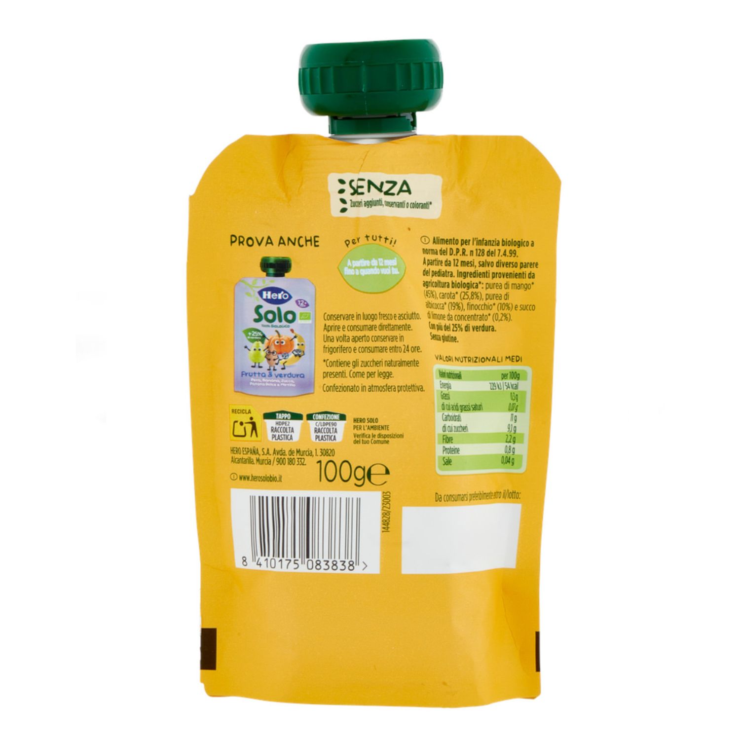 Pouch mango carota albicocca e finocchio 100 gr - hero solo - Hero