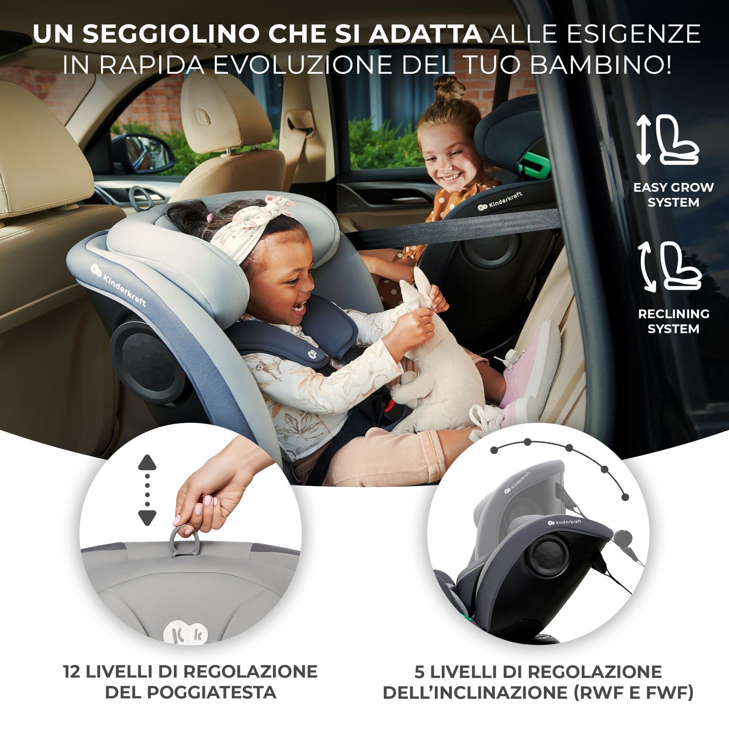 Kinderkraft seggiolino auto i-grow i-size grey 40-150cm con base girevole - KinderKraft
