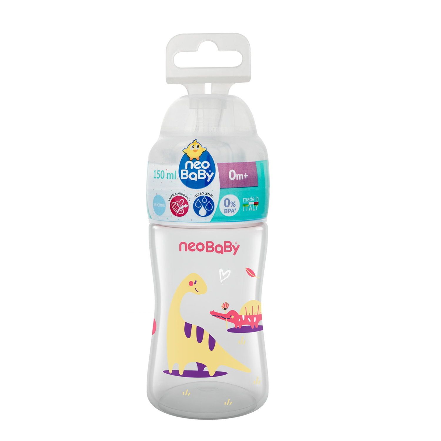 Neobaby  biberon plastica collo largo silicone 150ml flusso lento rosa 0m+ - Neo Baby