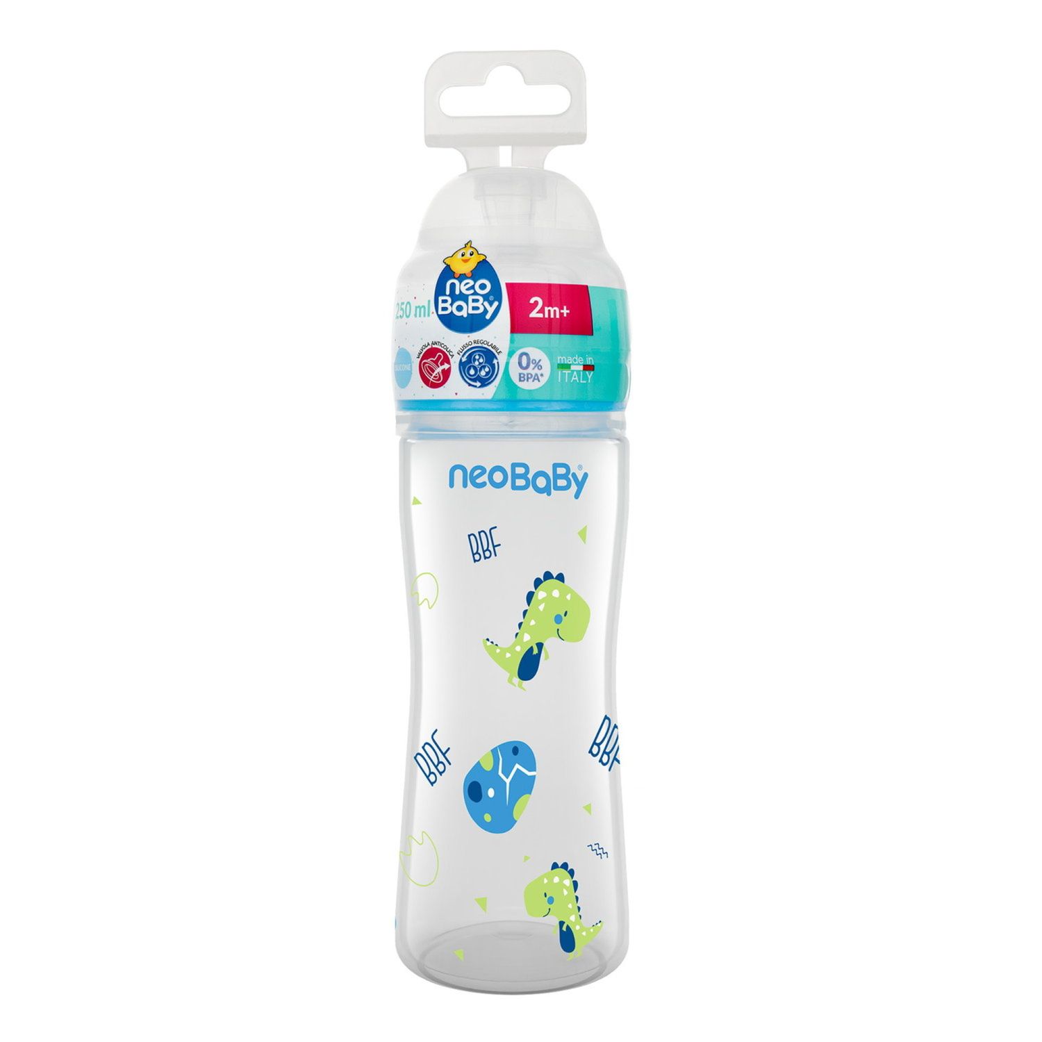 Neobaby  biberon plastica collo largo silicone 250ml flusso regolabile blu 2m+ - Neo Baby