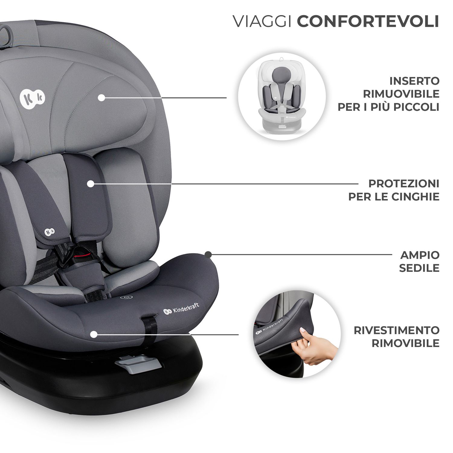 Kinderkraft seggiolino auto i-grow i-size grey 40-150cm con base girevole - KinderKraft