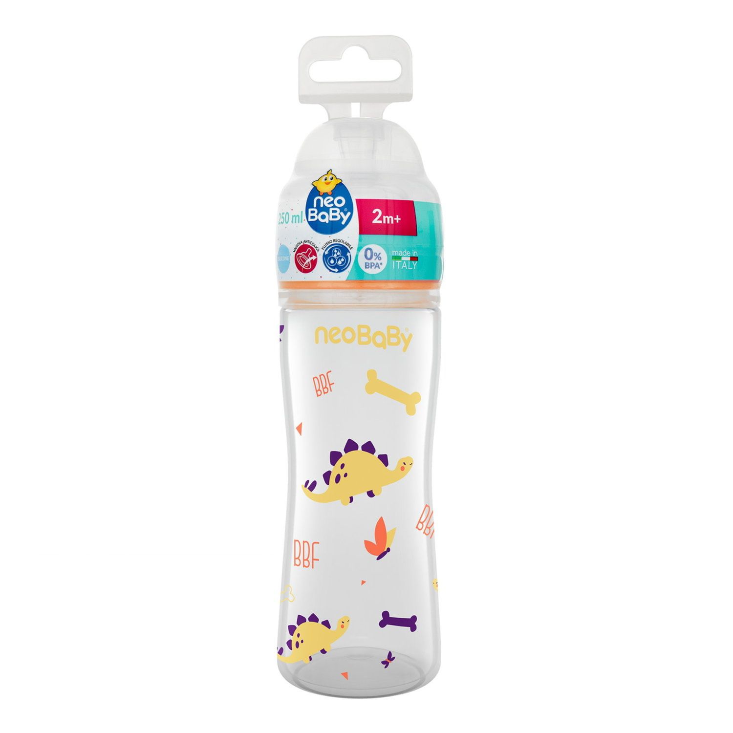 Neobaby  biberon plastica collo largo silicone 250ml flusso regolabile arancione 2m+ - Neo Baby