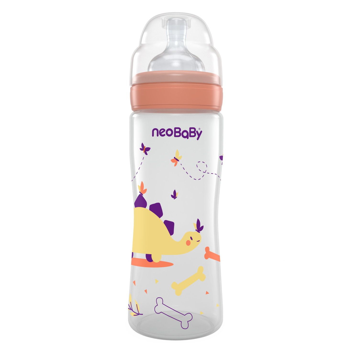 Neobaby  biberon plastica collo largo silicone 330ml flusso veloce arancione 4m + - Neo Baby