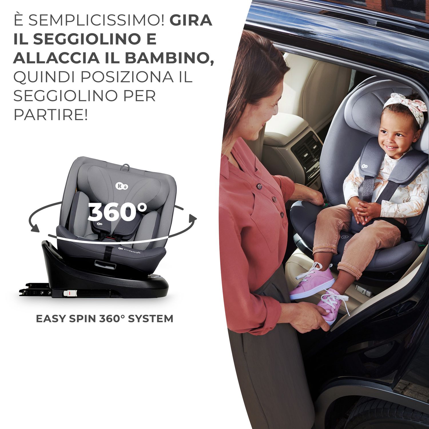 Kinderkraft seggiolino auto i-grow i-size grey 40-150cm con base girevole - KinderKraft