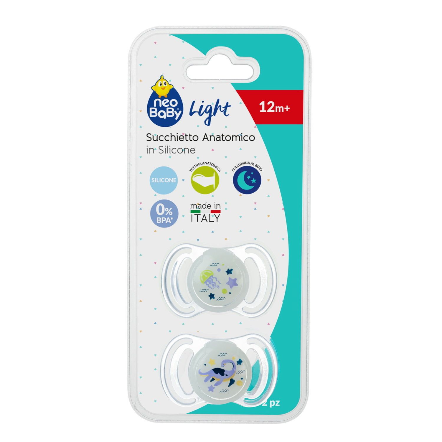 Neobaby  succhietto anatomico silicone maxi 12m+ glow 2pz - Neo Baby