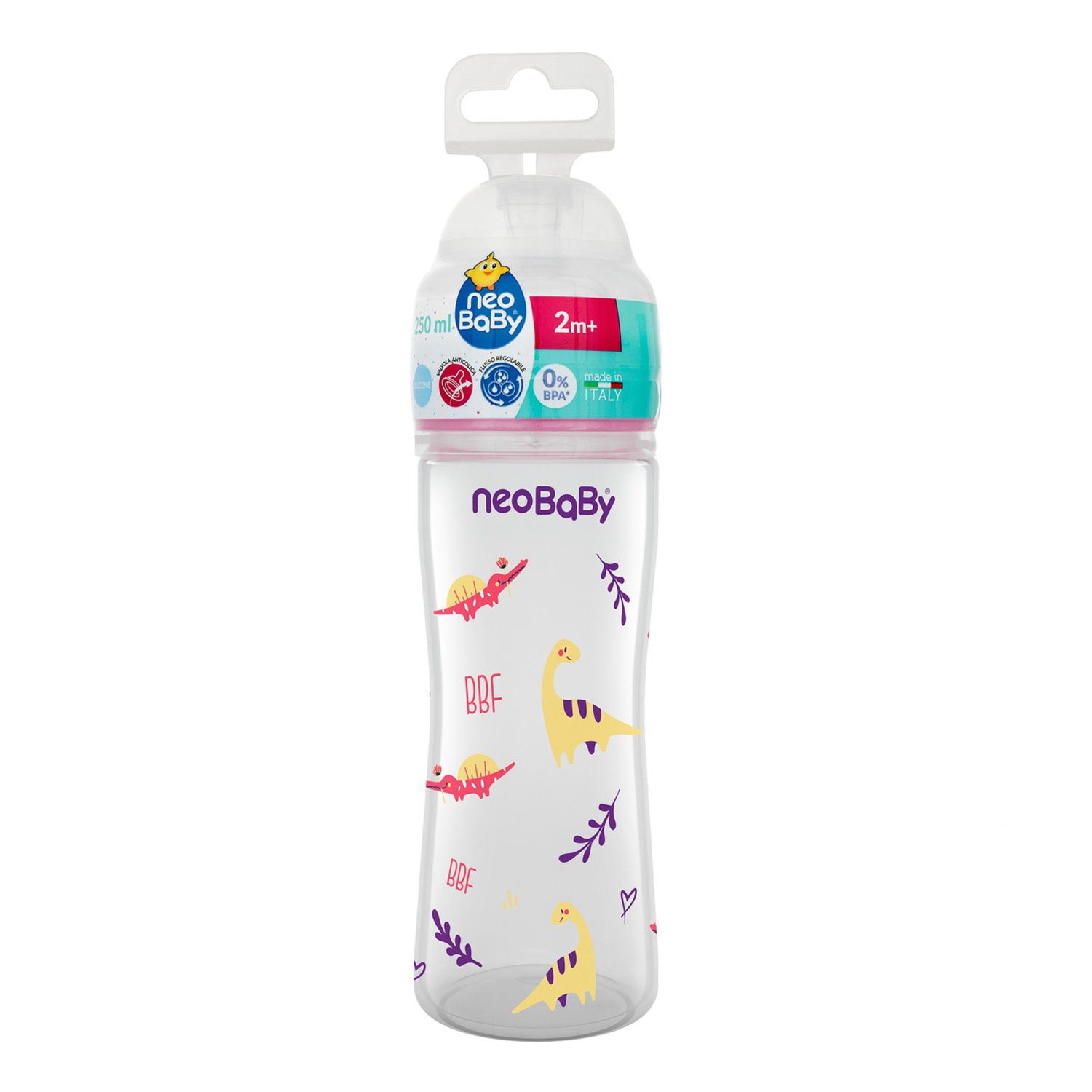 Neobaby  biberon plastica collo largo silicone 250ml flusso regolabile rosa 2m+ - Neo Baby