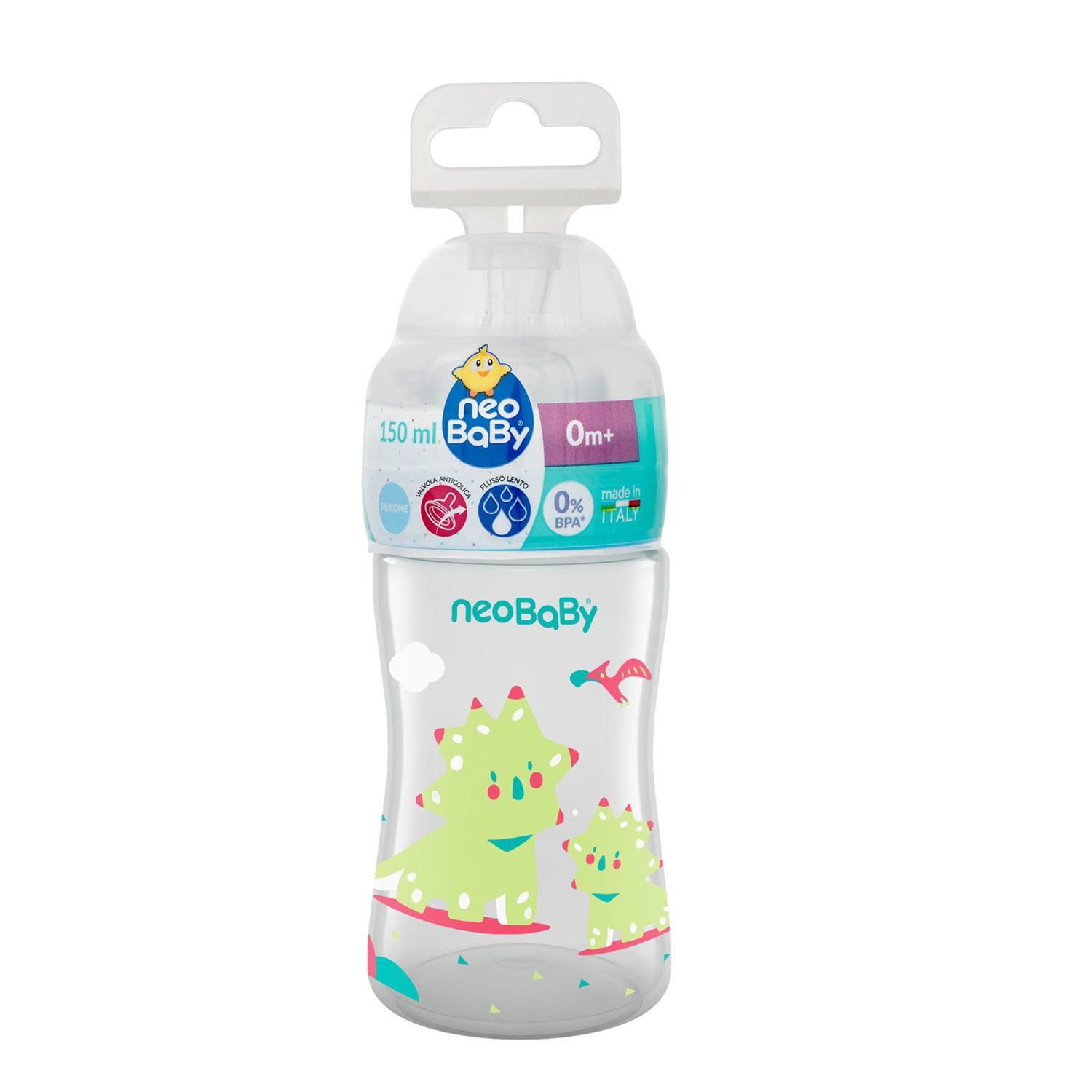 Neobaby  biberon plastica collo largo silicone 150ml flusso lento verde 0m+ - Neo Baby