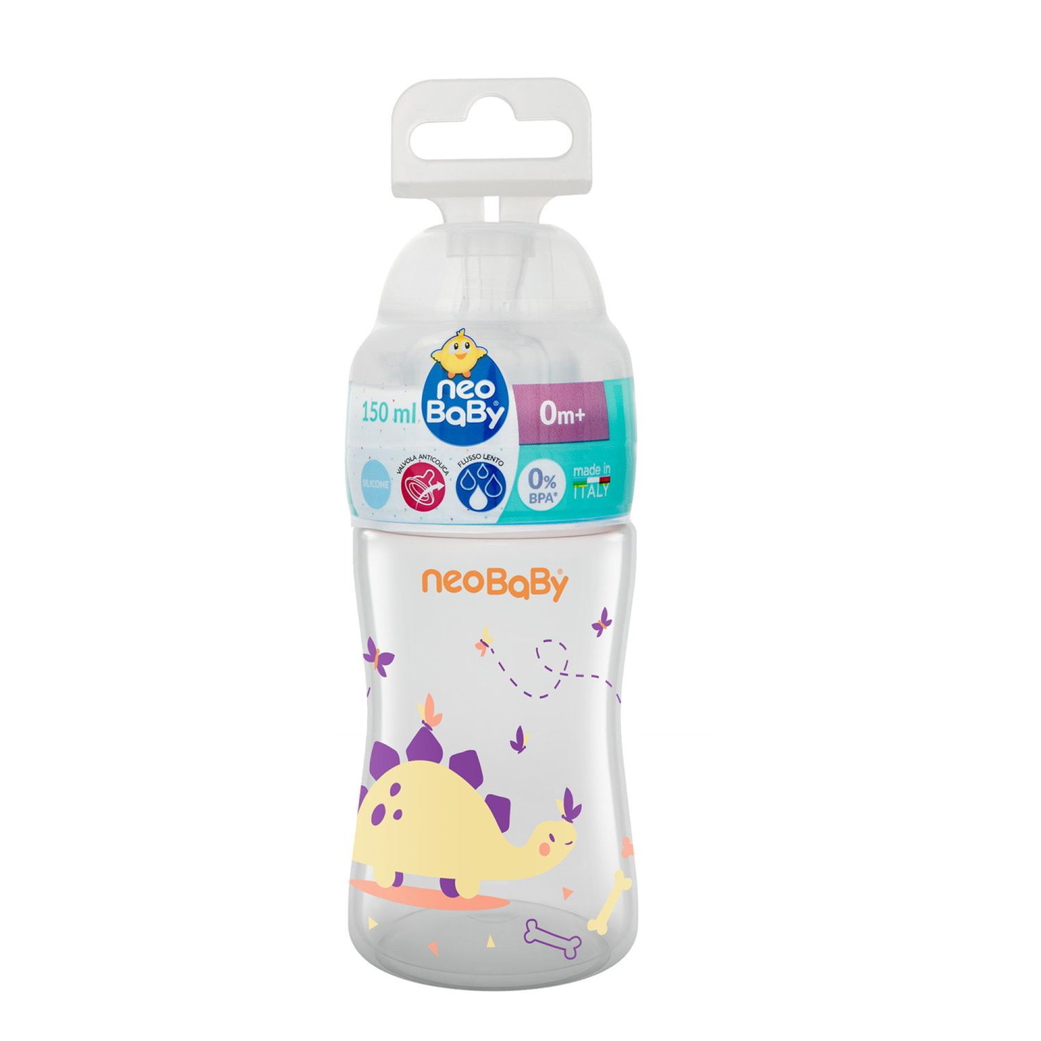 Neobaby  biberon plastica collo largo silicone 150ml flusso lento arancione 0m+ - Neo Baby