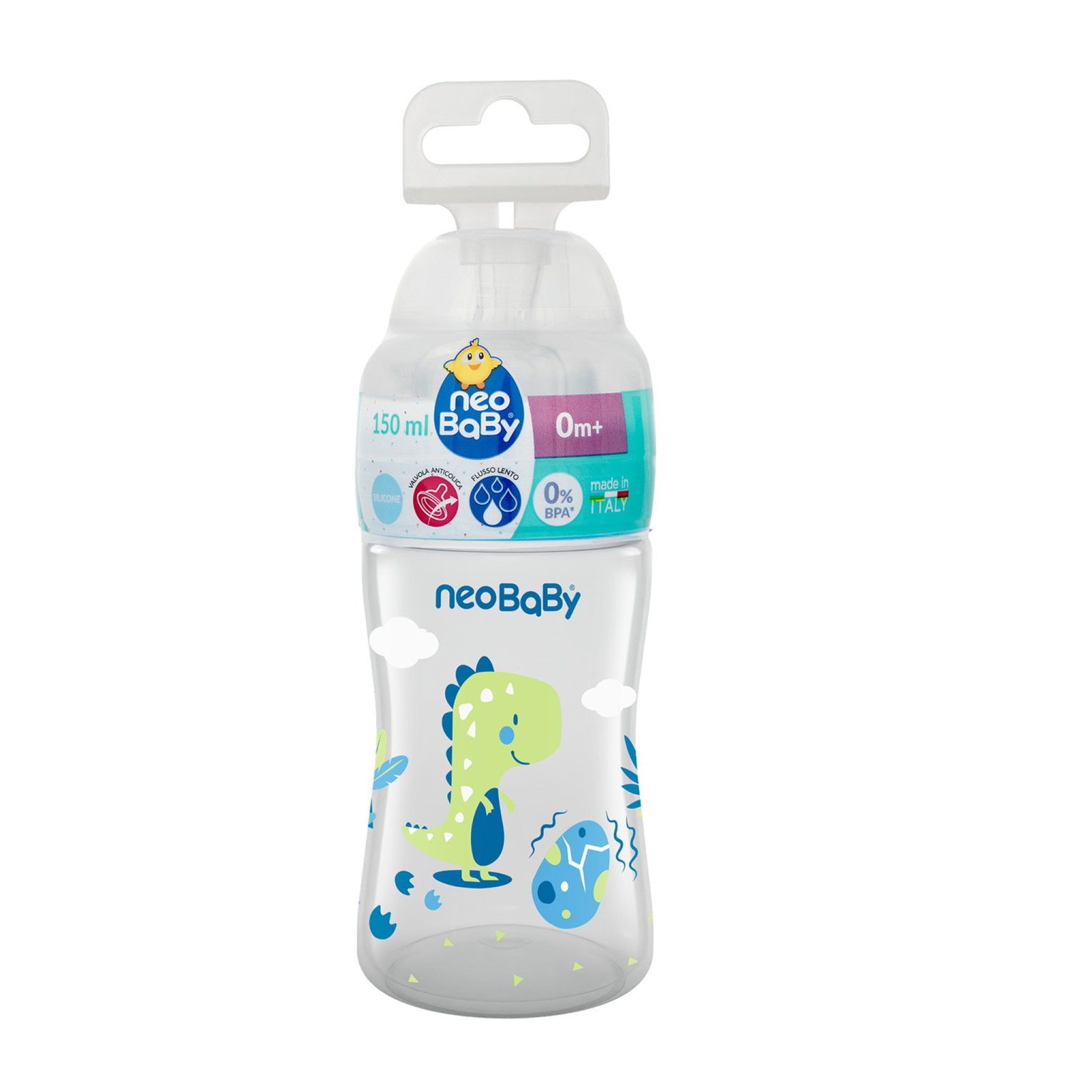 Neobaby  biberon plastica collo largo silicone 150ml flusso lento blu 0m+ - Neo Baby