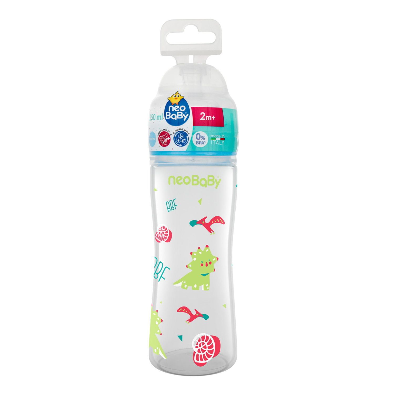 Neobaby  biberon plastica collo largo silicone 250ml flusso regolabile verde 2m+ - Neo Baby