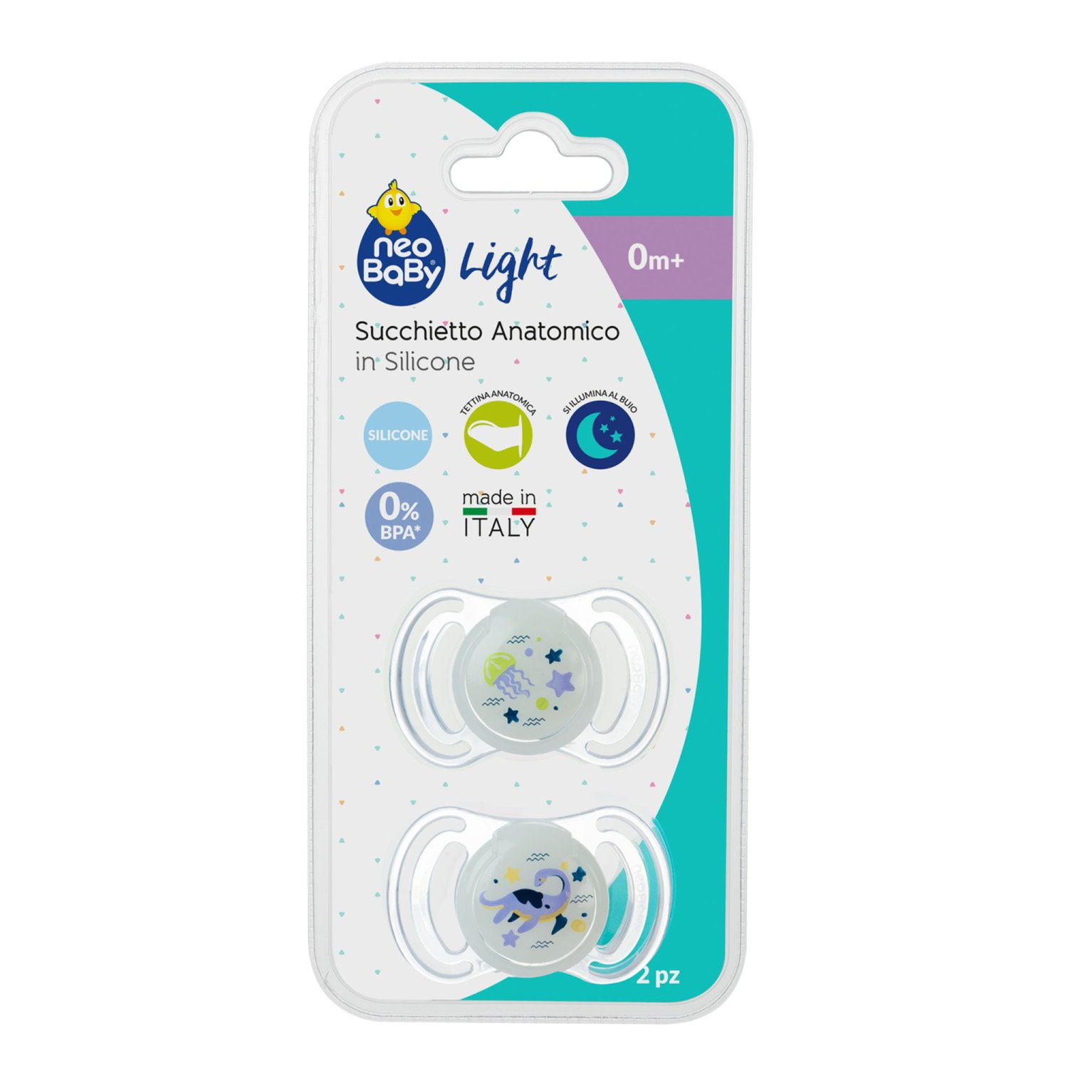Neobaby  succhietto anatomico silicone mini 0m+ glow 2pz - Neo Baby