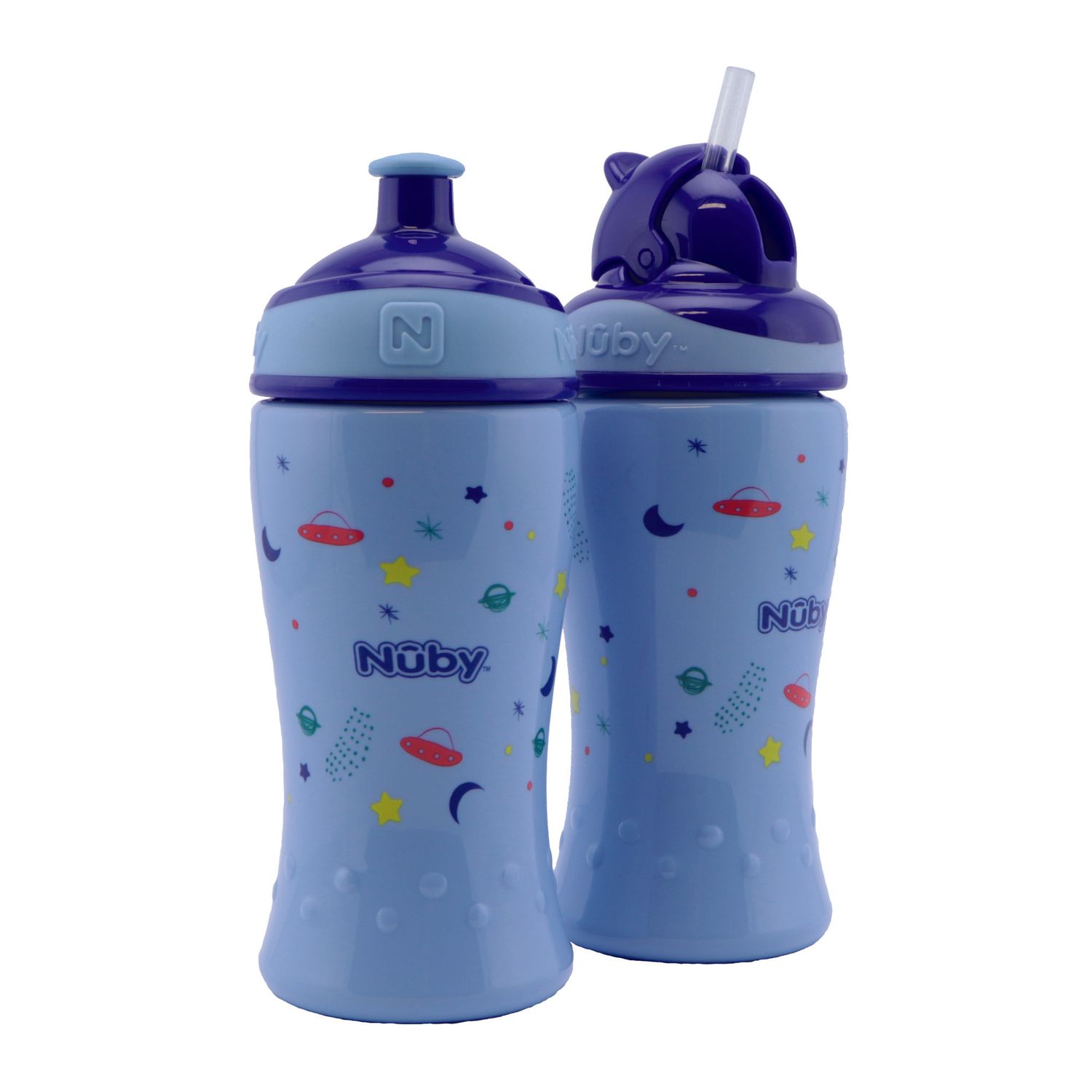 Nuby - confezione doppia: borraccia flip-it cup - 360 ml - azzurro - 12m+ / borraccia free flow con beccuccio pop-up - 360 ml - azzurro - 18m+ - Nuby