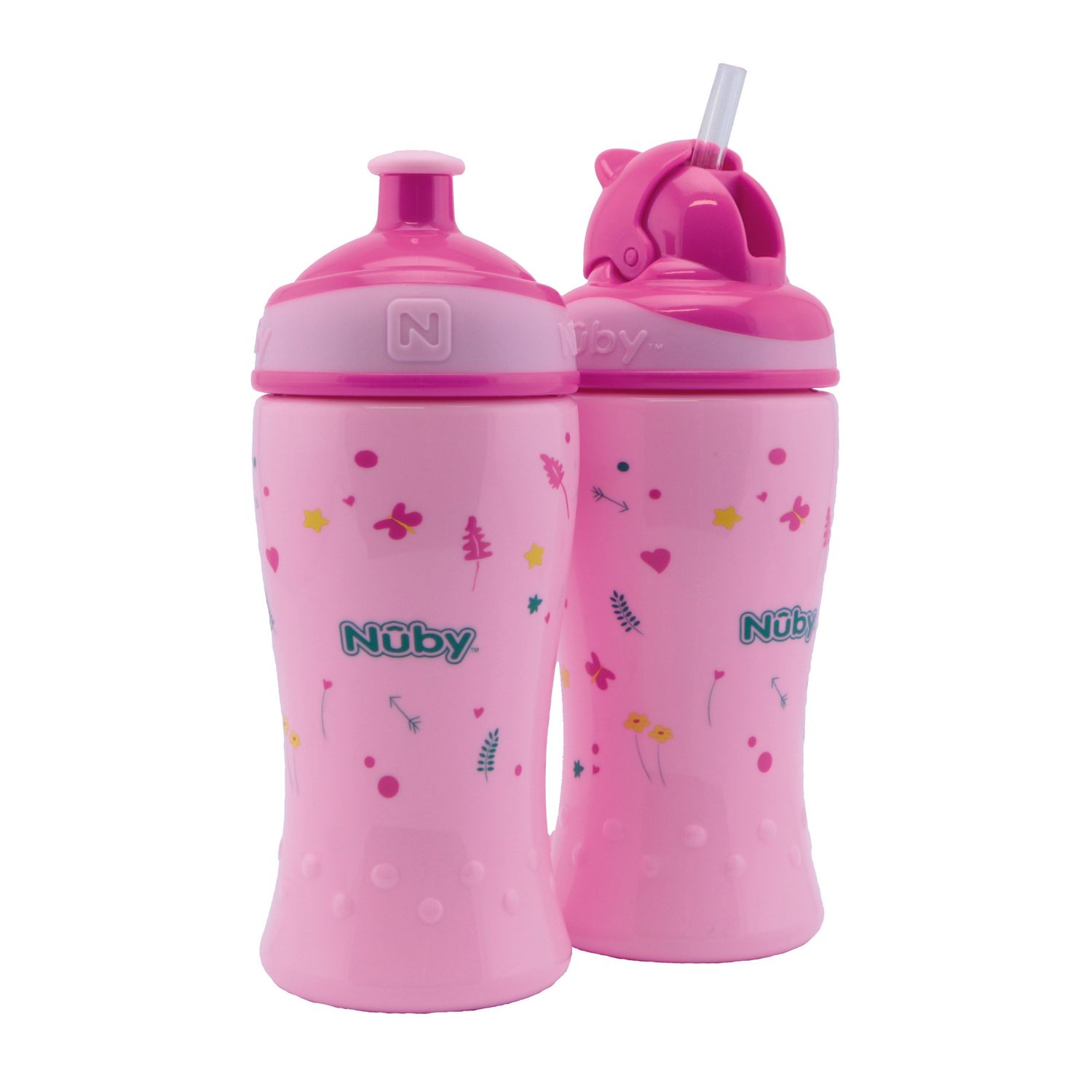 Nuby - confezione doppia: borraccia flip-it cup - 360 ml - rosa - 12m+ / borraccia free flow con beccuccio pop-up - 360 ml - rosa - 18m+ - Nuby
