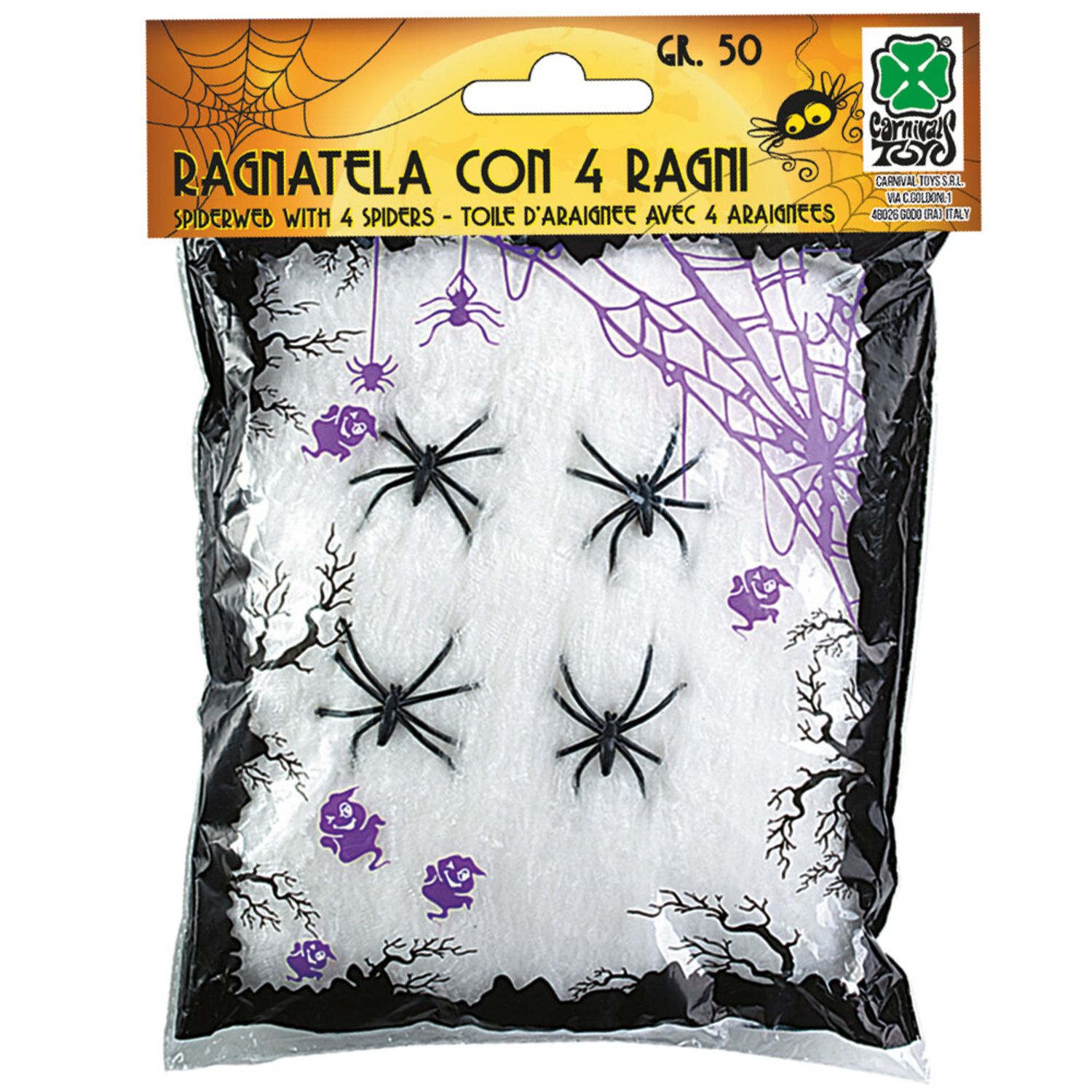 Ragnatela bianca con ragnetti neri - decorazione halloween realistica - 50g - Carnival Toys