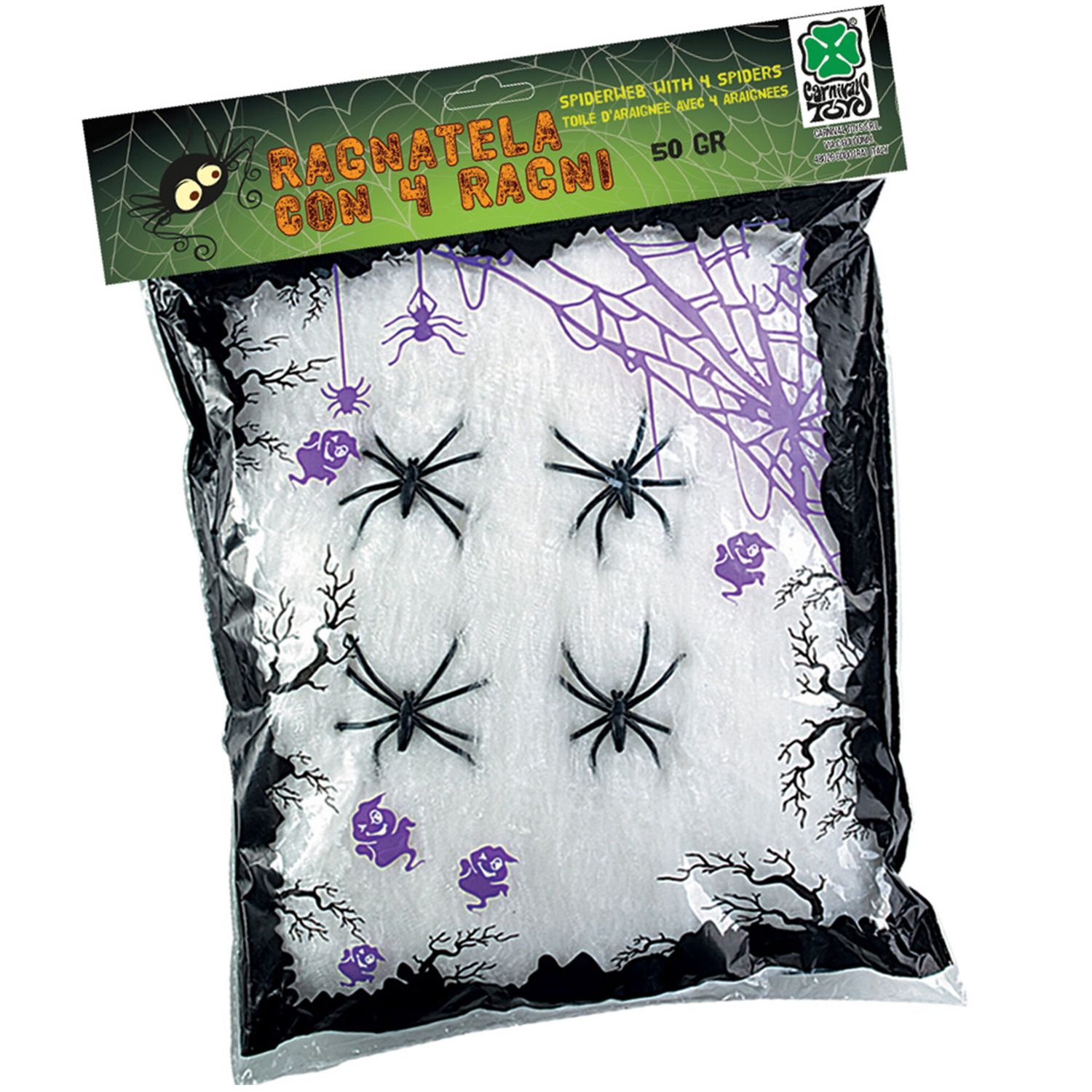 Ragnatela bianca con ragnetti neri - decorazione halloween realistica - 50g - Carnival Toys