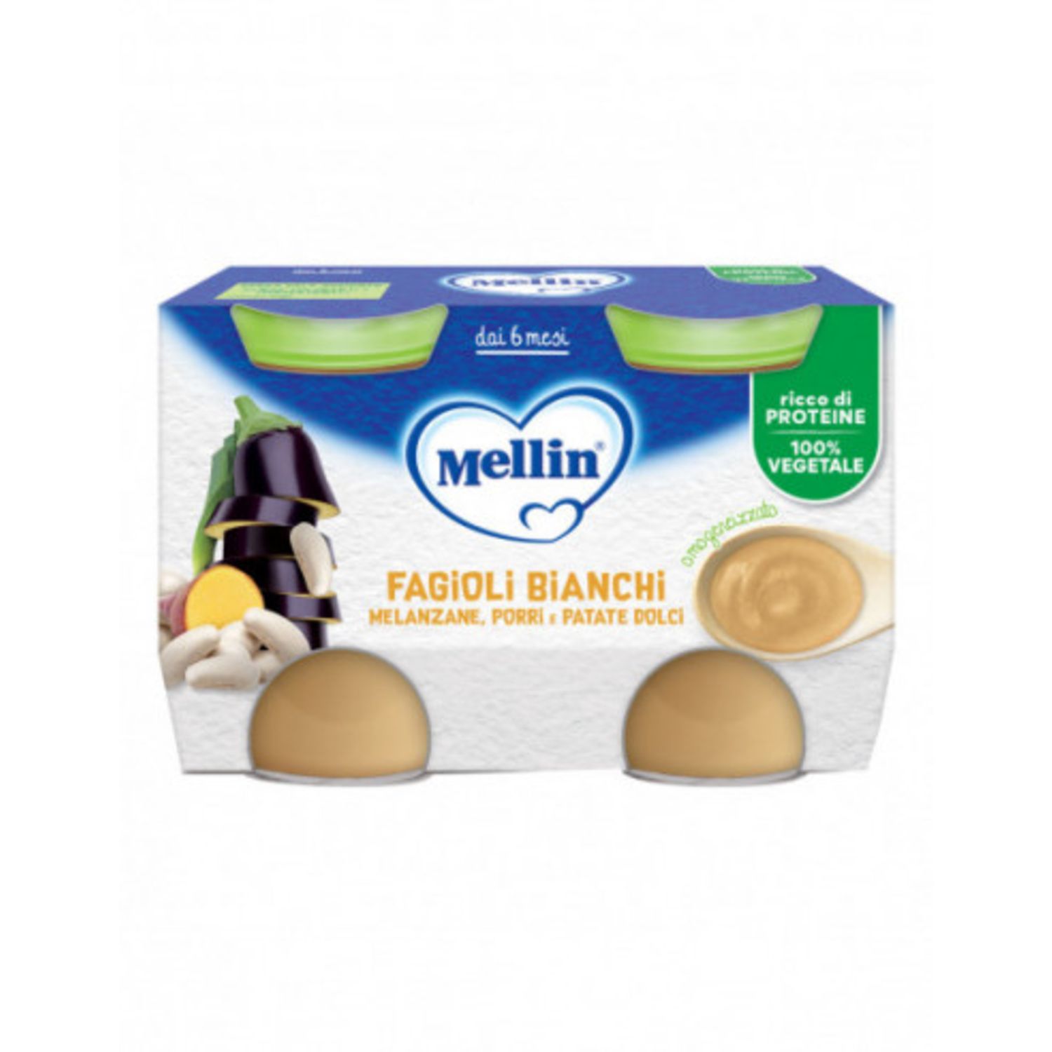 Omogeneizzato fagioli bianchi e melanzane 2 pezzi da130 g - mellin - Mellin