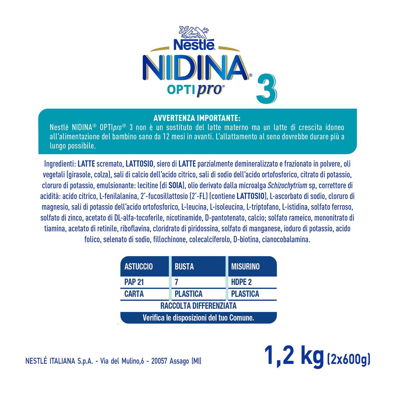 Nestlè nidina latte crescita 3 optipro in polvere - 2x600gr - NESTLE'