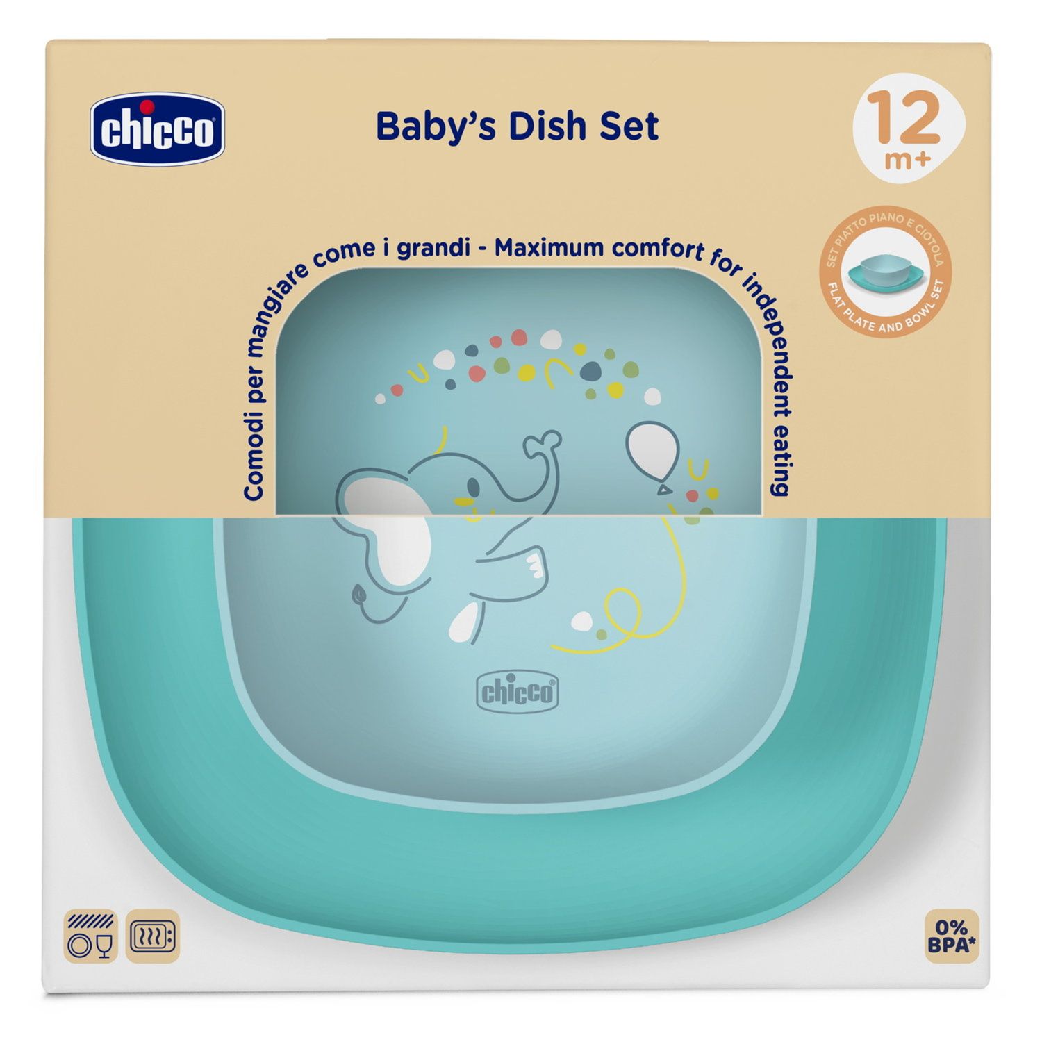 Set piatto piano e ciotola 12m+ azzurro - chicco - Chicco
