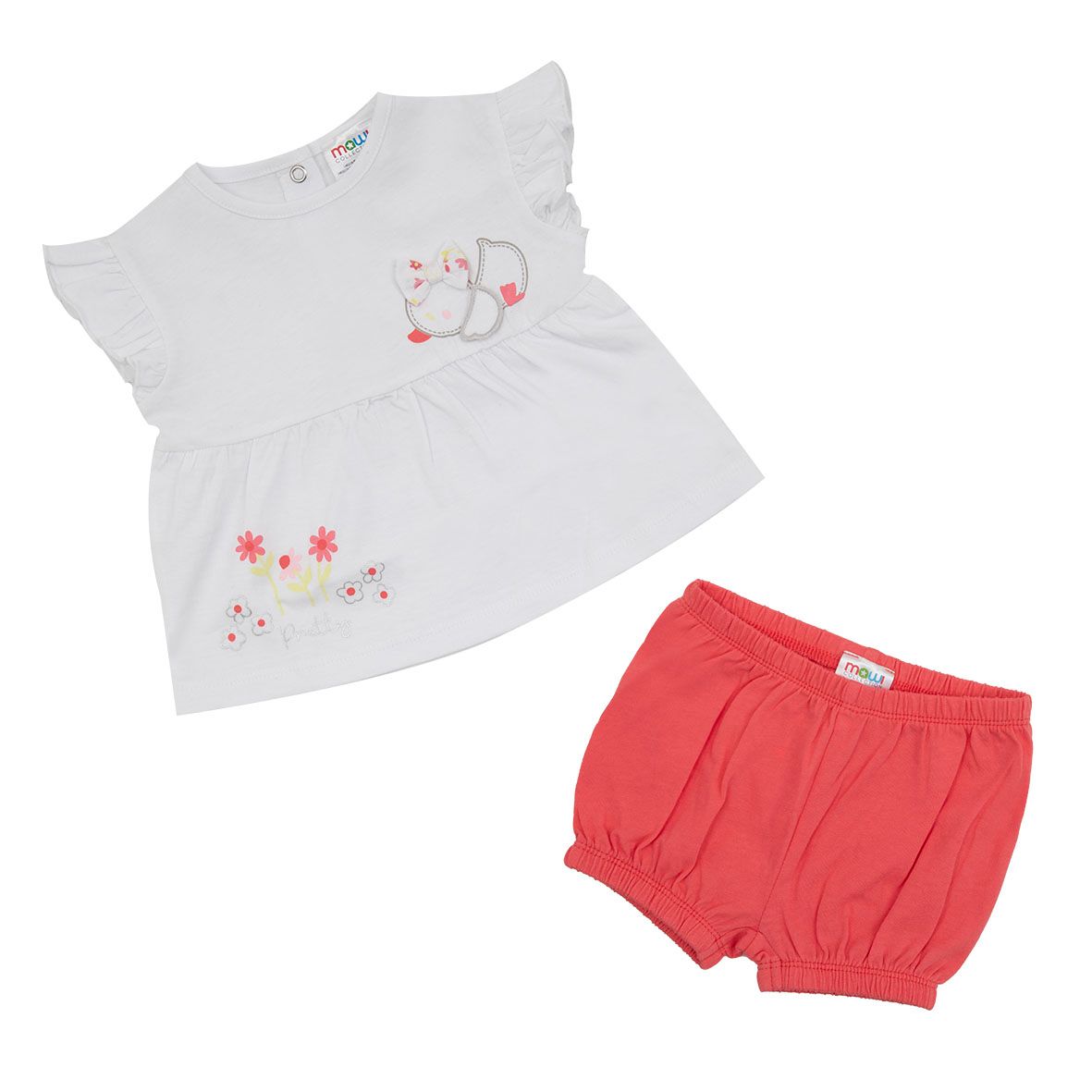Set due pezzi tshirt giromanica bianca più short corallo bimba - Mawi