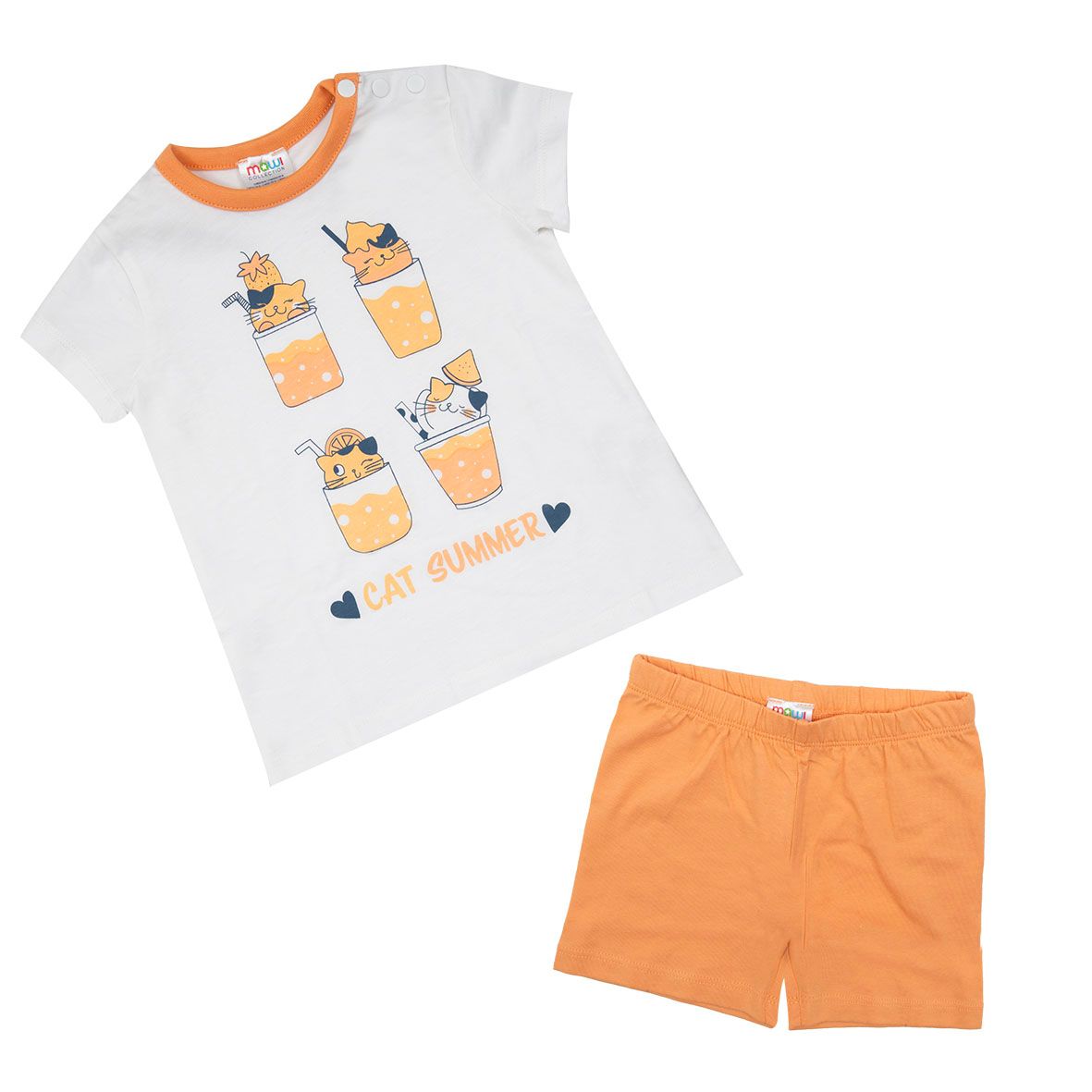Pigiama maglietta e pantaloncino bimba arancione "cat summer" - Mawi