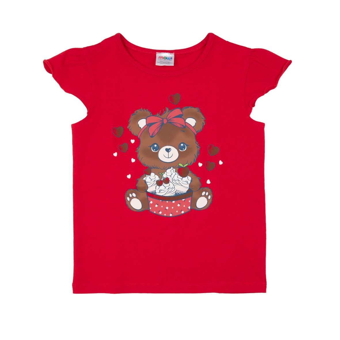 T-shirt giromanica rossa bimba "orsetto e cuoricini" - Mawi