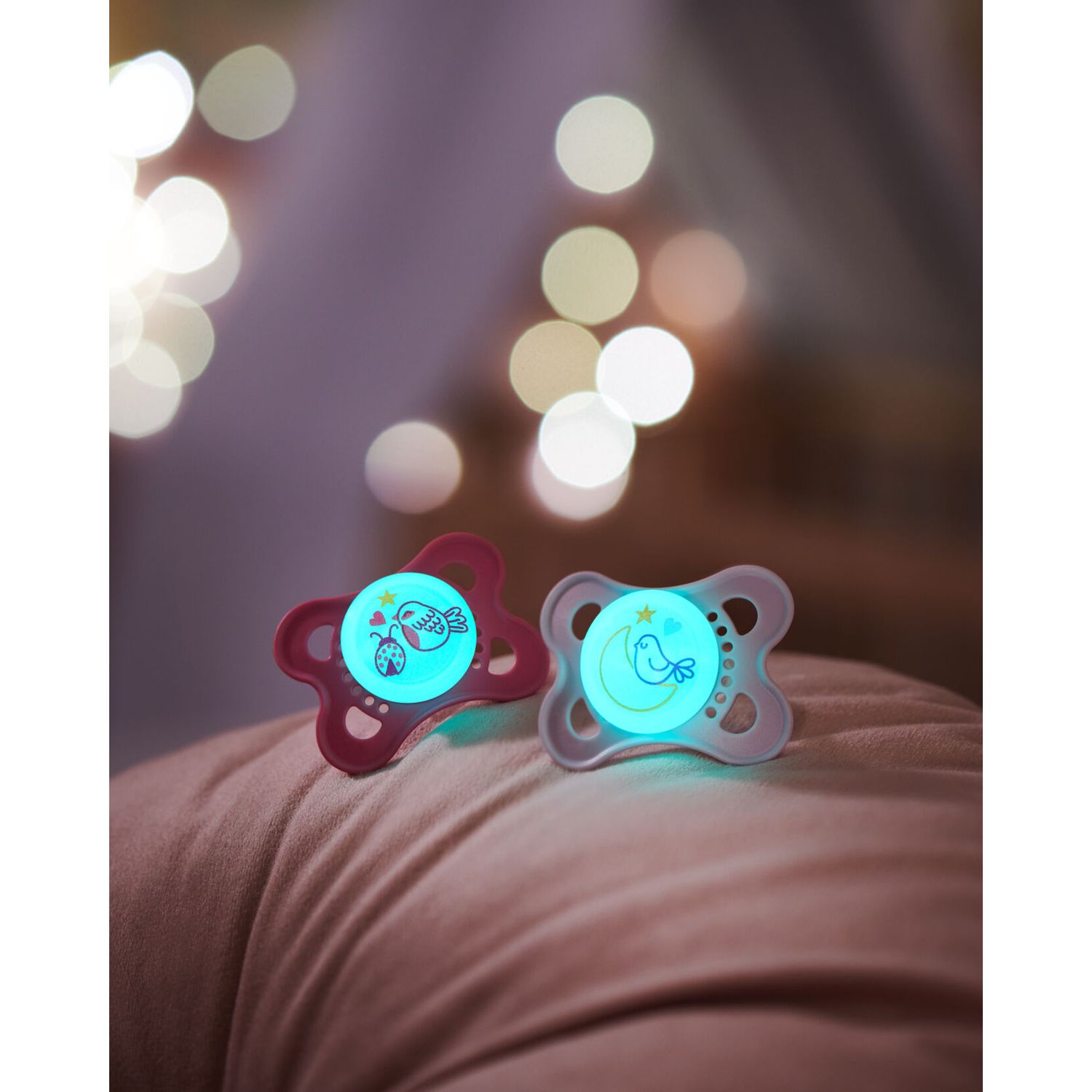 Succhietto original start night 0-2 mesi, si illumina al buio. set da 2, tettarella ortodontica silicone e porta ciuccio sterilizzatore, azzurro - mam - Mam