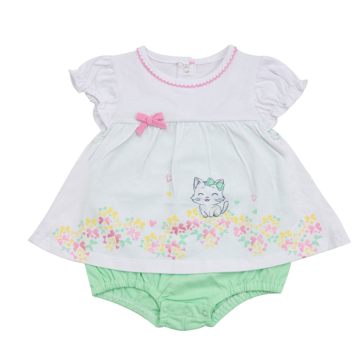 Pagliaccetto jersey bimba bianco gattino e fiocchi - Mawi