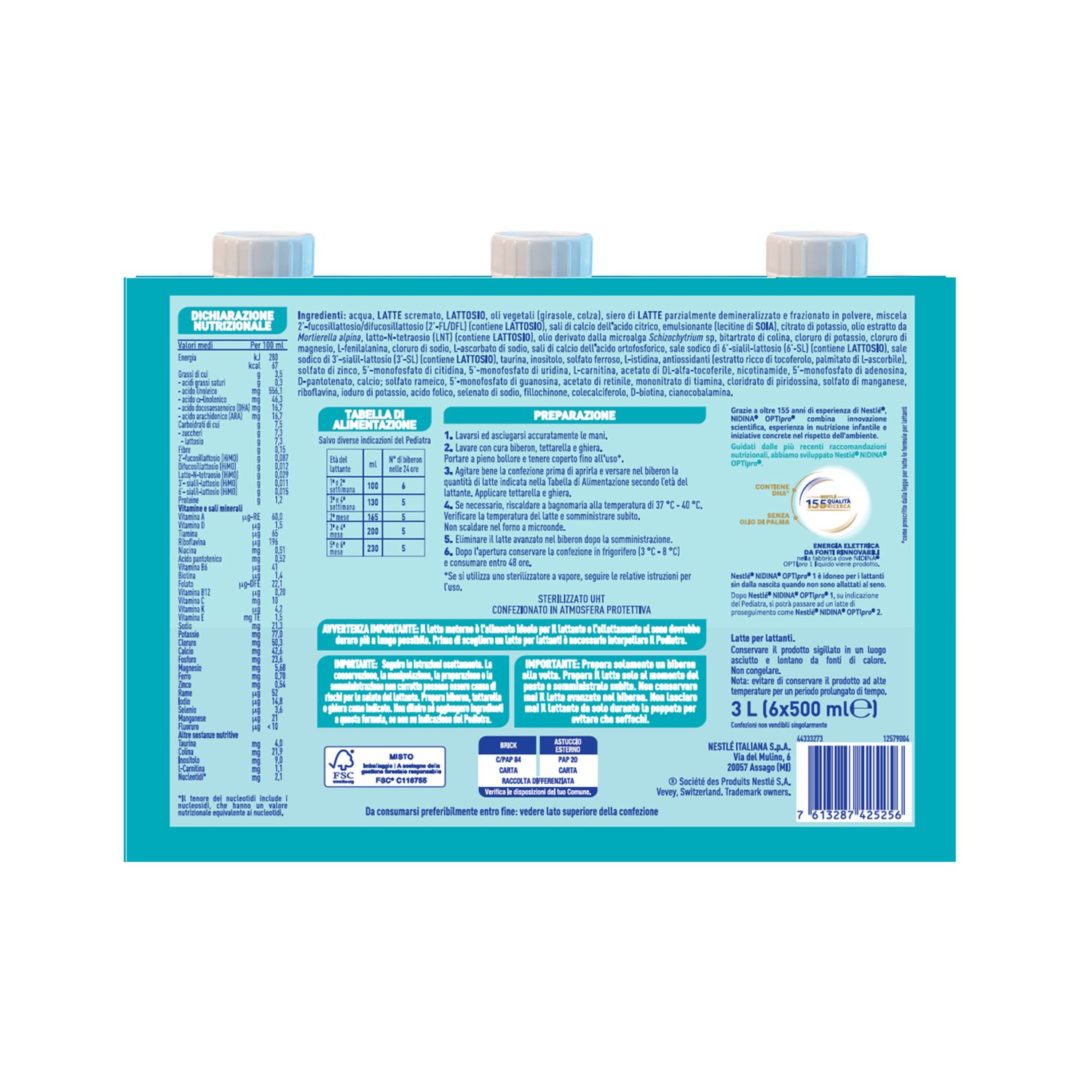 Nidina optipro 1 latte per lattanti liquido dalla nascita, 6 brick da 500ml (3l) - nestlé - NESTLE'