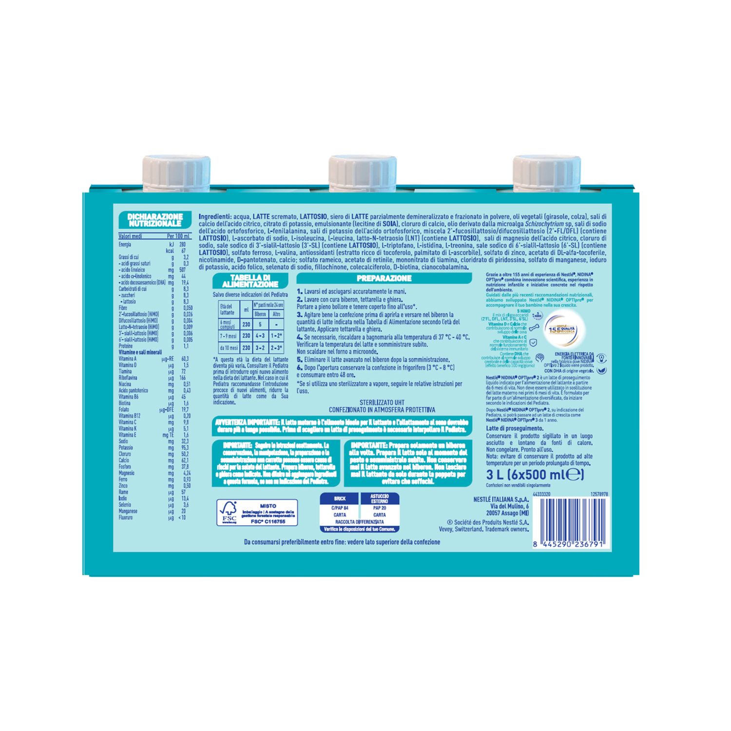 Nidina optipro 2 latte di proseguimento liquido da 6 mesi, 6 brick da 500ml (3l) - nestlé - Nestle'