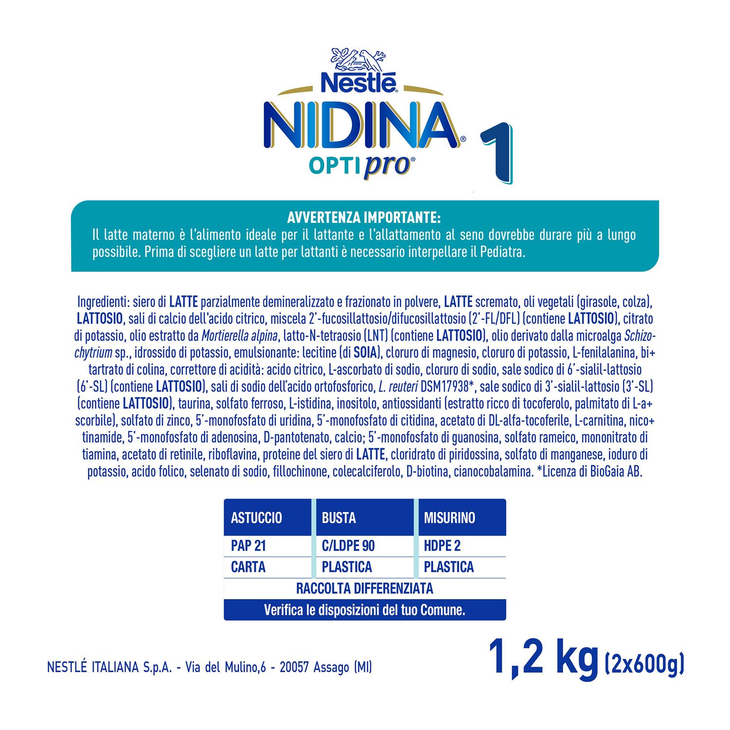 Nidina optipro 1 dalla nascita latte in polvere - 1.2 kg (2x600g) -nestlé - NESTLE'