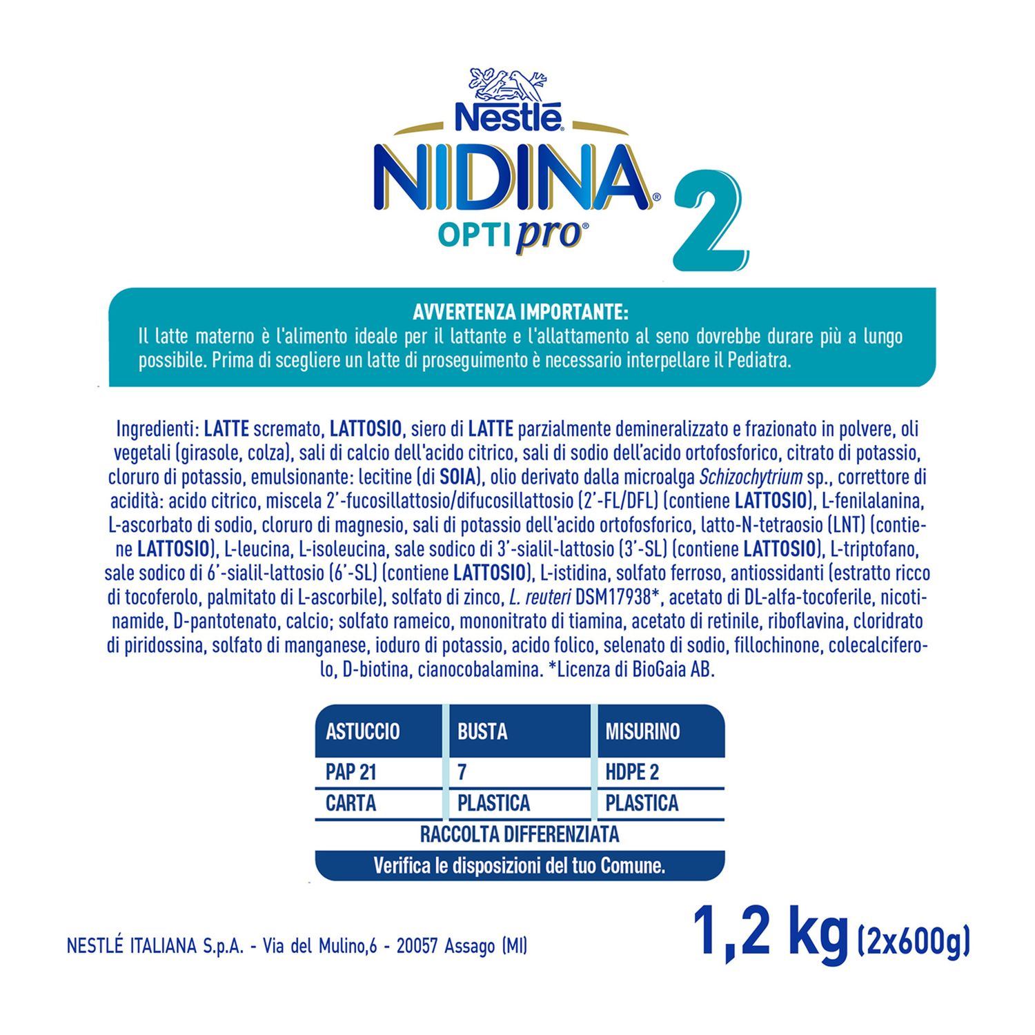 Nidina optipro 2 da 6 mesi, latte di proseguimento in polvere, 1,2 kg (2x600g) - nestlé - NESTLE'