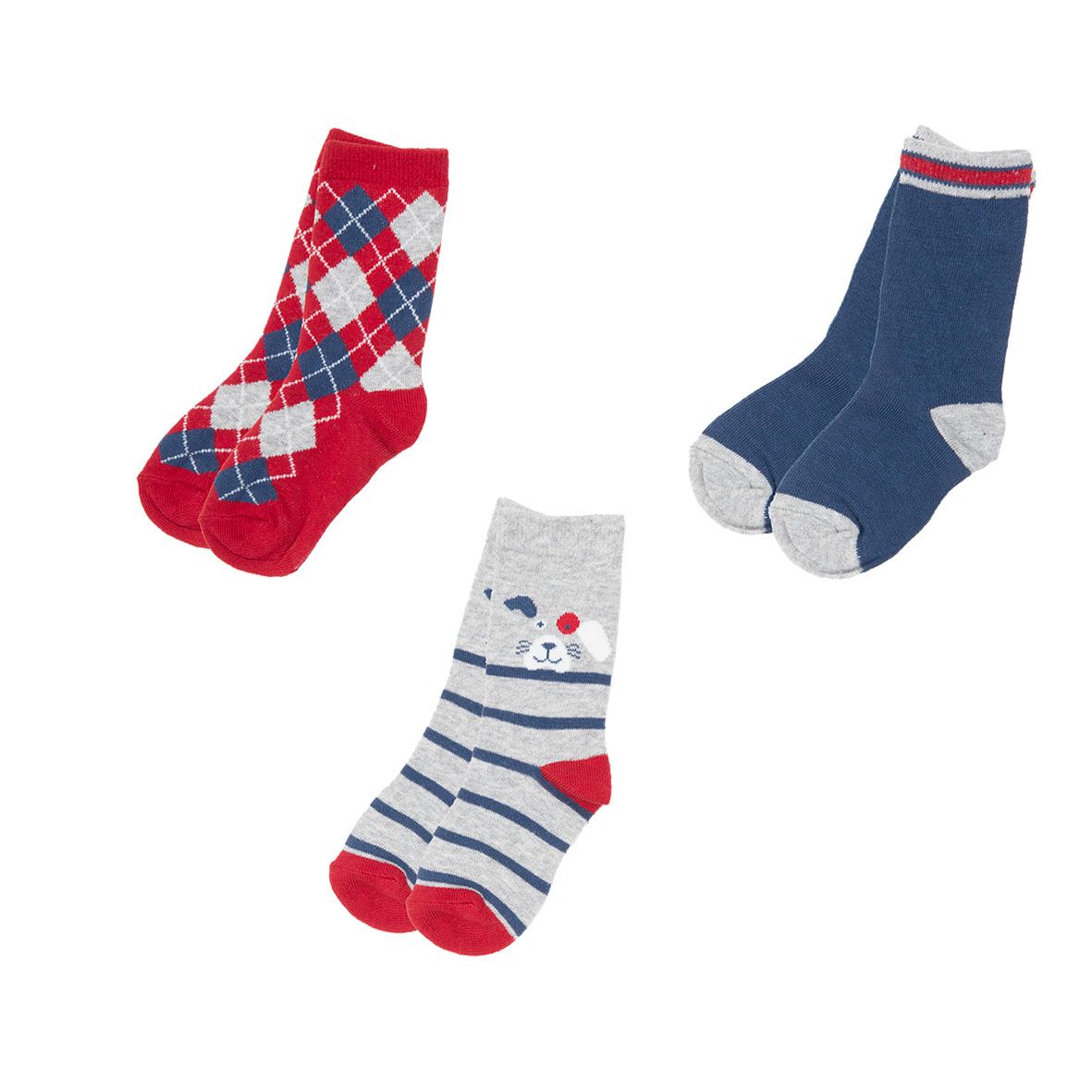 Set 3 paia di calze bimbo blu grigio rosso - Mawi