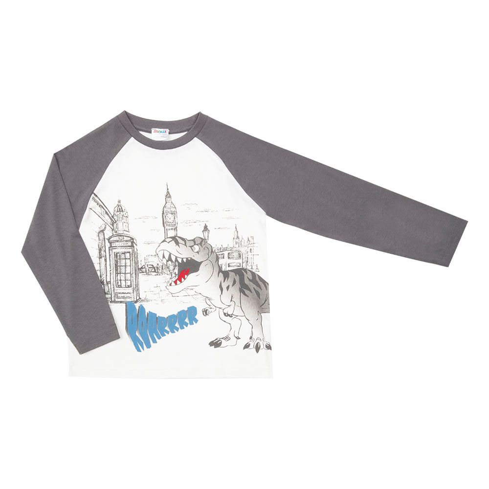 T-shirt maniche lunghe bimbo grigio/panna stampa "dino" - Mawi