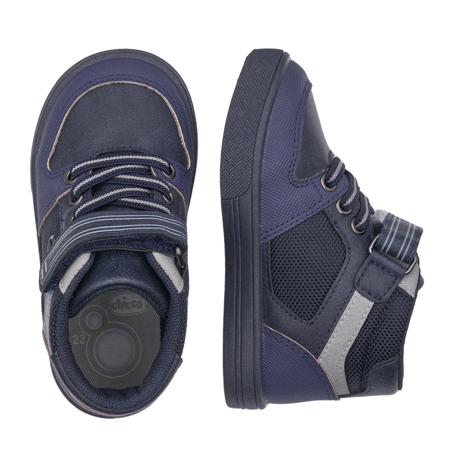 Polacchino foil blu stringhe e velcro con tocco bianco - chicco - Chicco