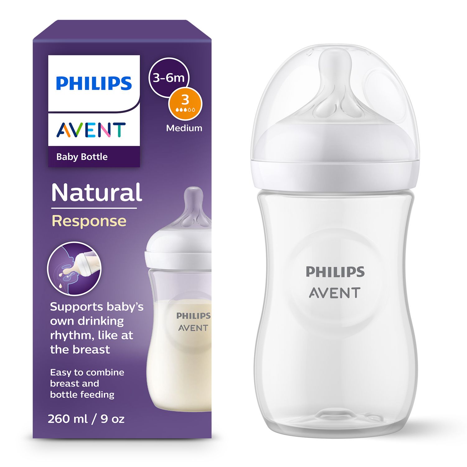 Biberon natural response 260 ml, con tettarella flusso 3 (medio). età consigliata: 3-6m. biberon 1 pz: scy903/01 - philips avent - Avent