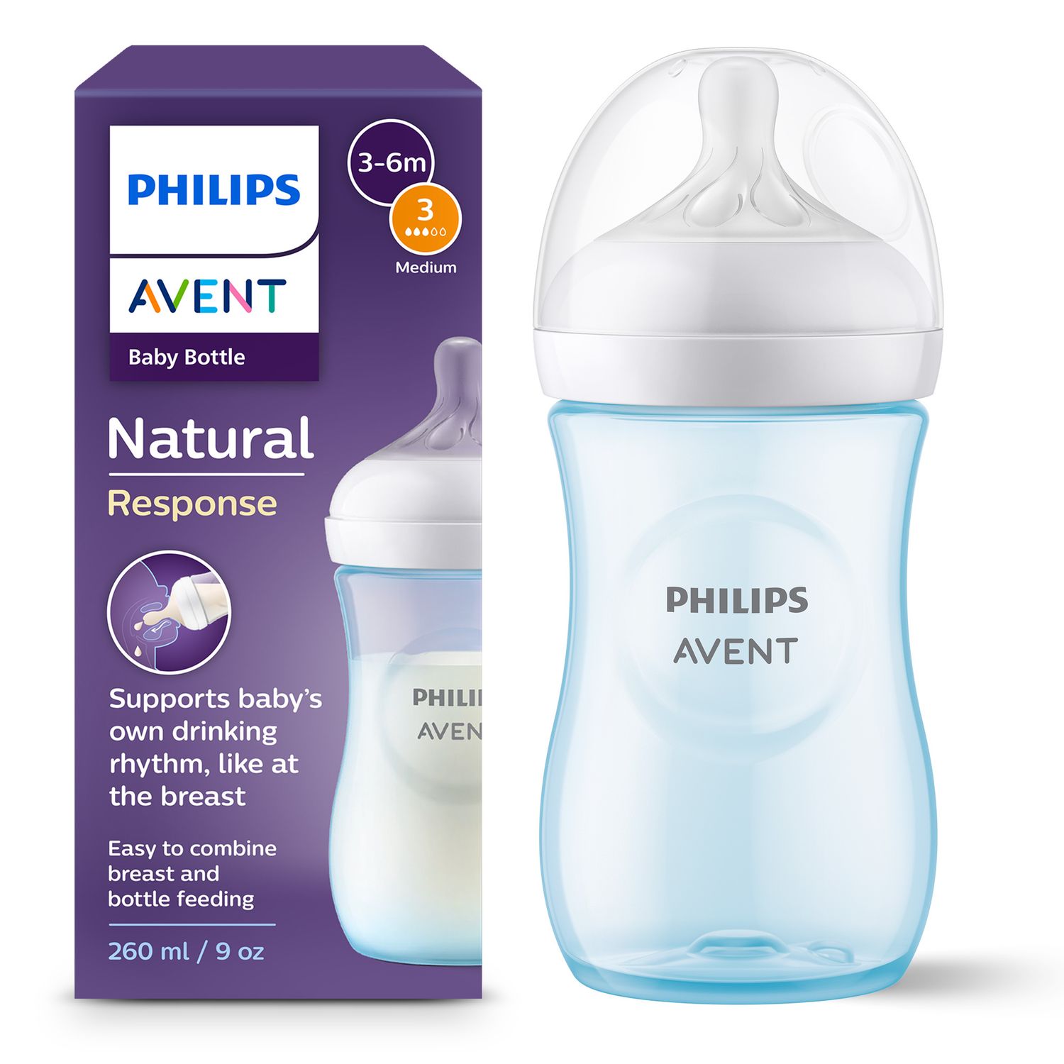 Biberon natural response azzurro 260 ml, con tettarella flusso 3 (medio). età consigliata: 3-6m. biberon 1 pz: scy903/21 - philips avent - Avent