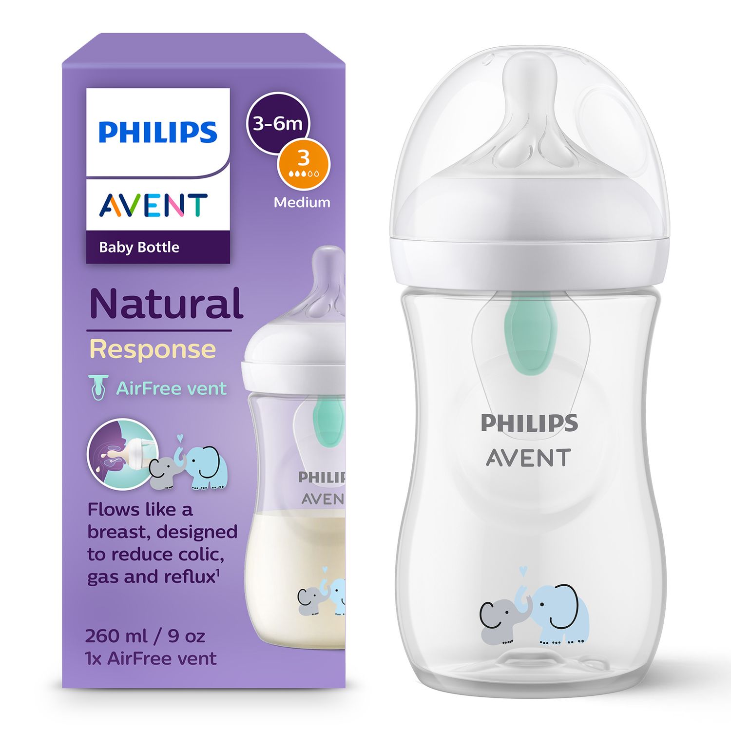Biberon natural con tettarella a risposta naturale e valvola airfree decorazione elefanti da 260 ml 1m+ | senza bpa - philips avent - Avent