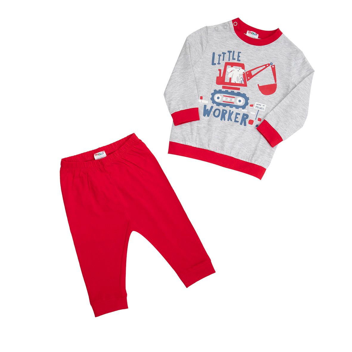 Pigiama bimbo due pezzi grigio/rosso stampa ruspa - Mawi