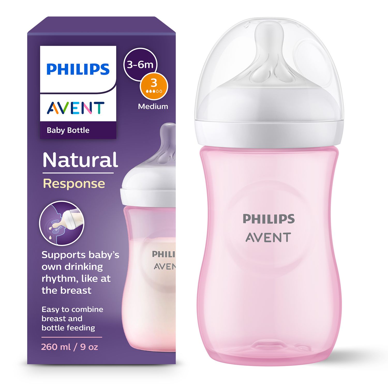 Biberon natural response rosa 260 ml, con tettarella flusso 3 (medio). età consigliata: 3-6m. biberon 1 pz: scy903/11 - philips avent - Avent