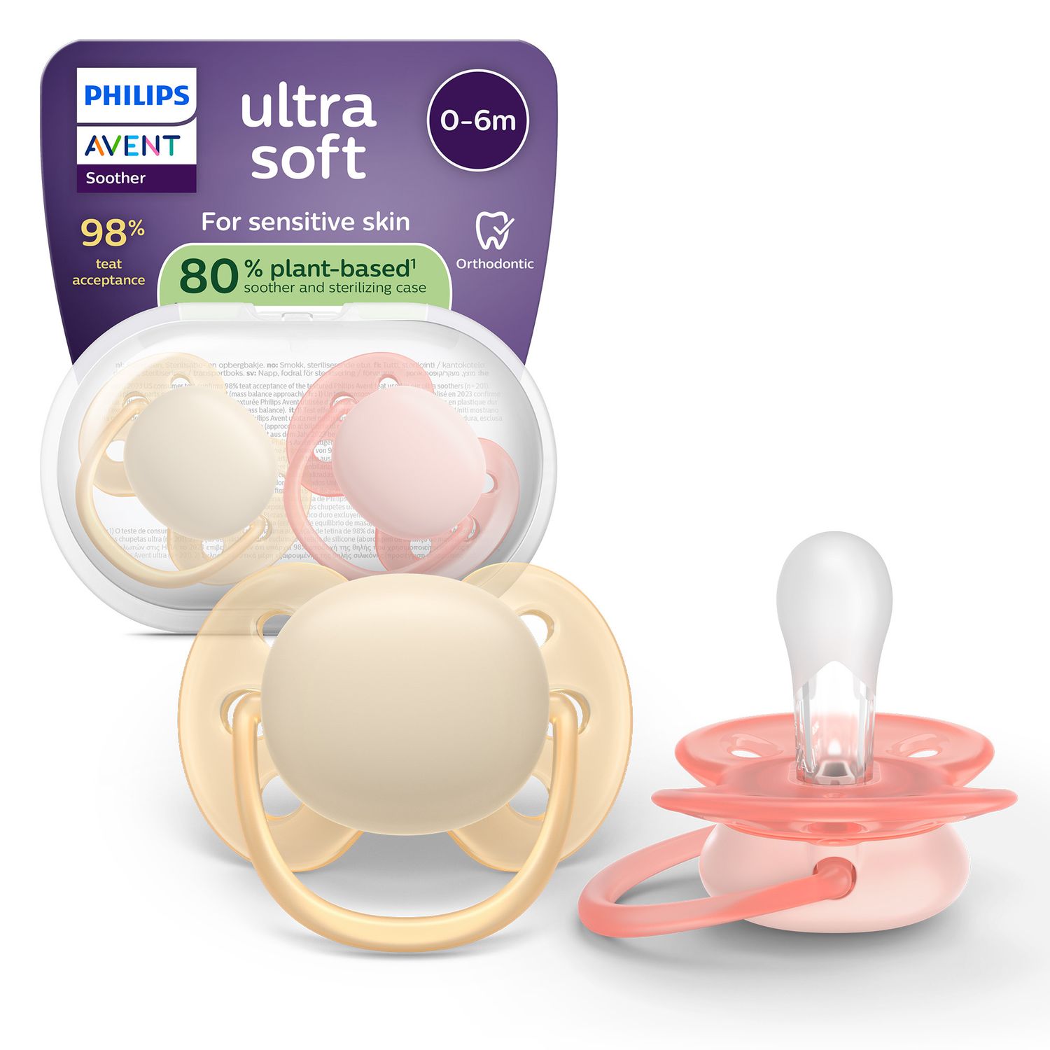 Succhietti ultra soft 0-6m pastello crema e rosa, a base vegetale - set da 2 ciucci - philips avent - Avent