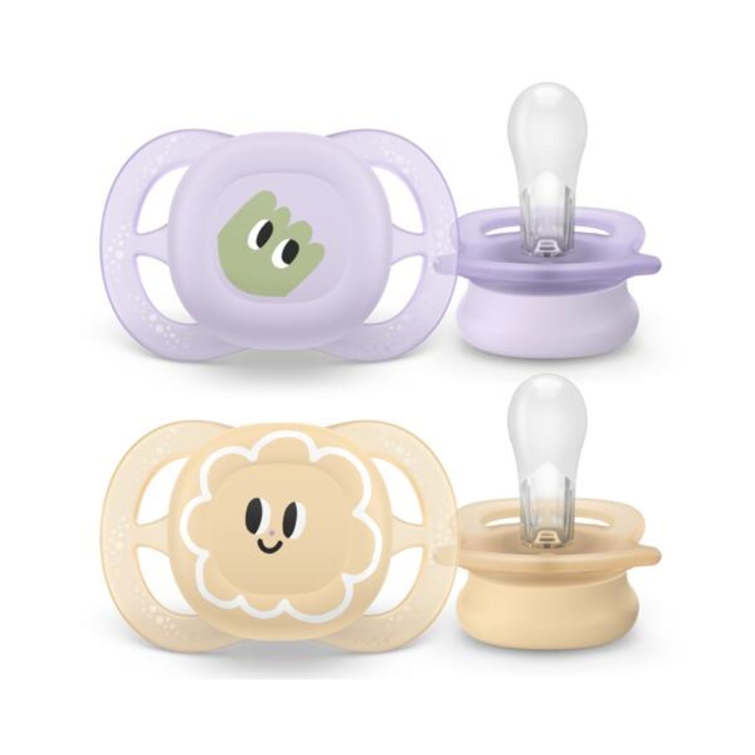 Succhietti ultra start 0-2m day pastello giallo e viola con decorazioni, a base vegetale - set da 2 ciucci - philips avent - Avent