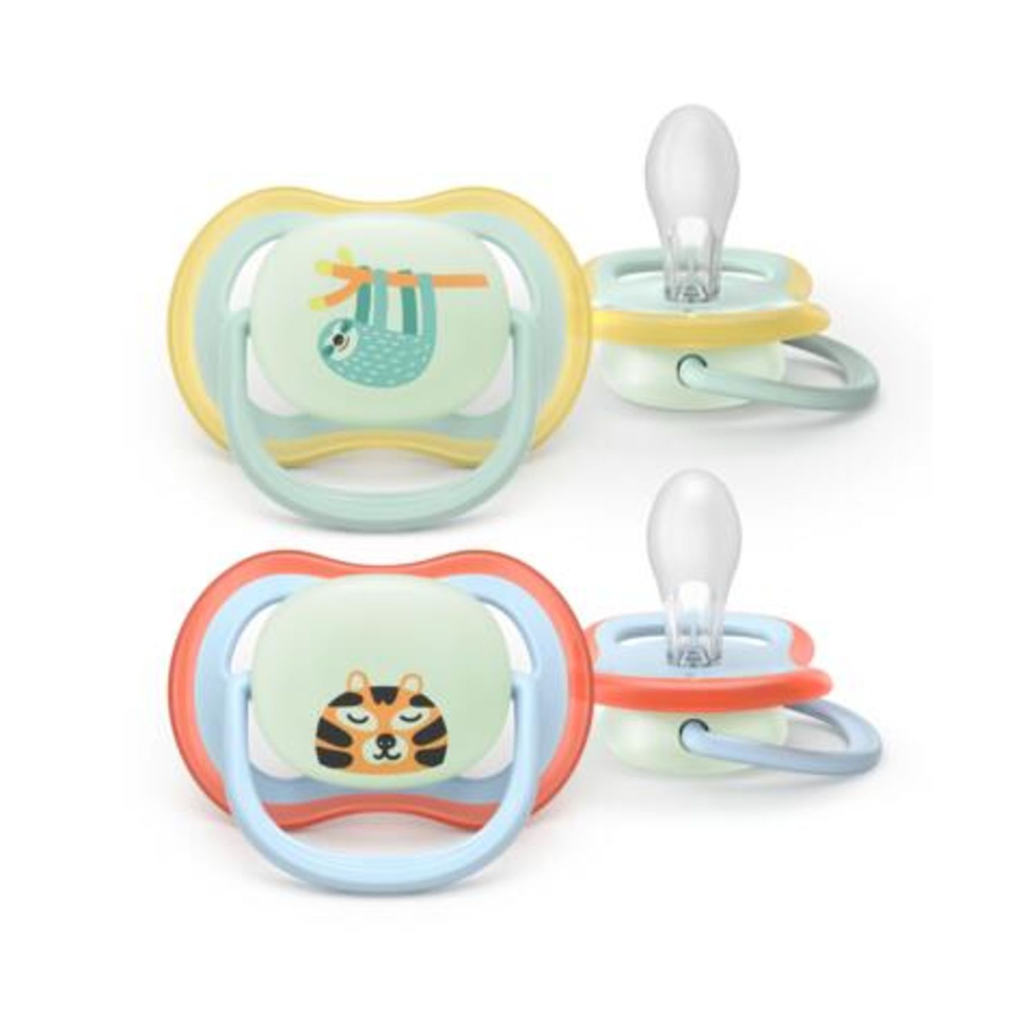 Succhietti ultra air night 0-6m bradipo e tigre, a base vegetale - set da 2 ciucci - philips avent - Avent