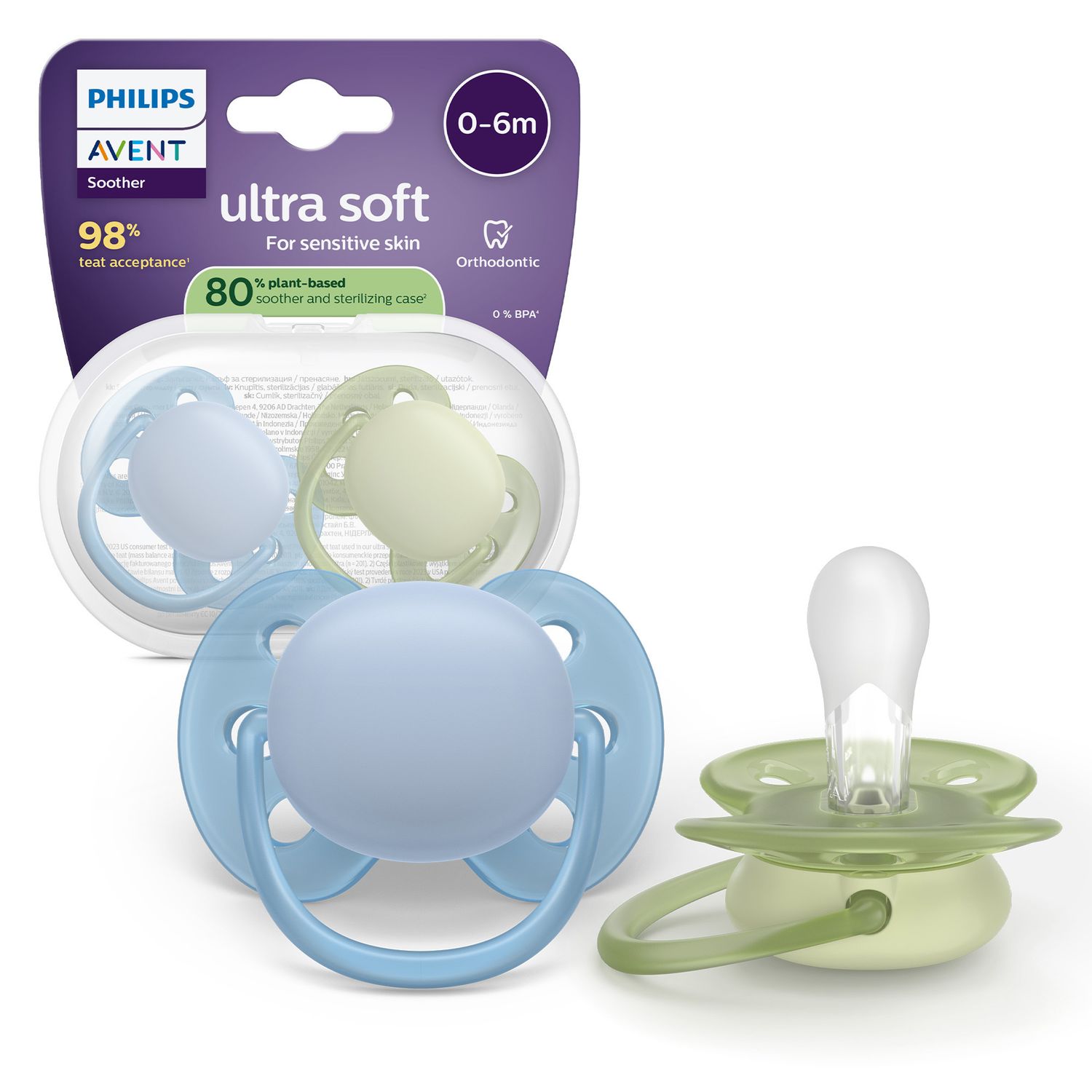 Succhietti ultra soft 0-6m pastello blu e verde, a base vegetale - set da 2 ciucci - philips avent - Avent